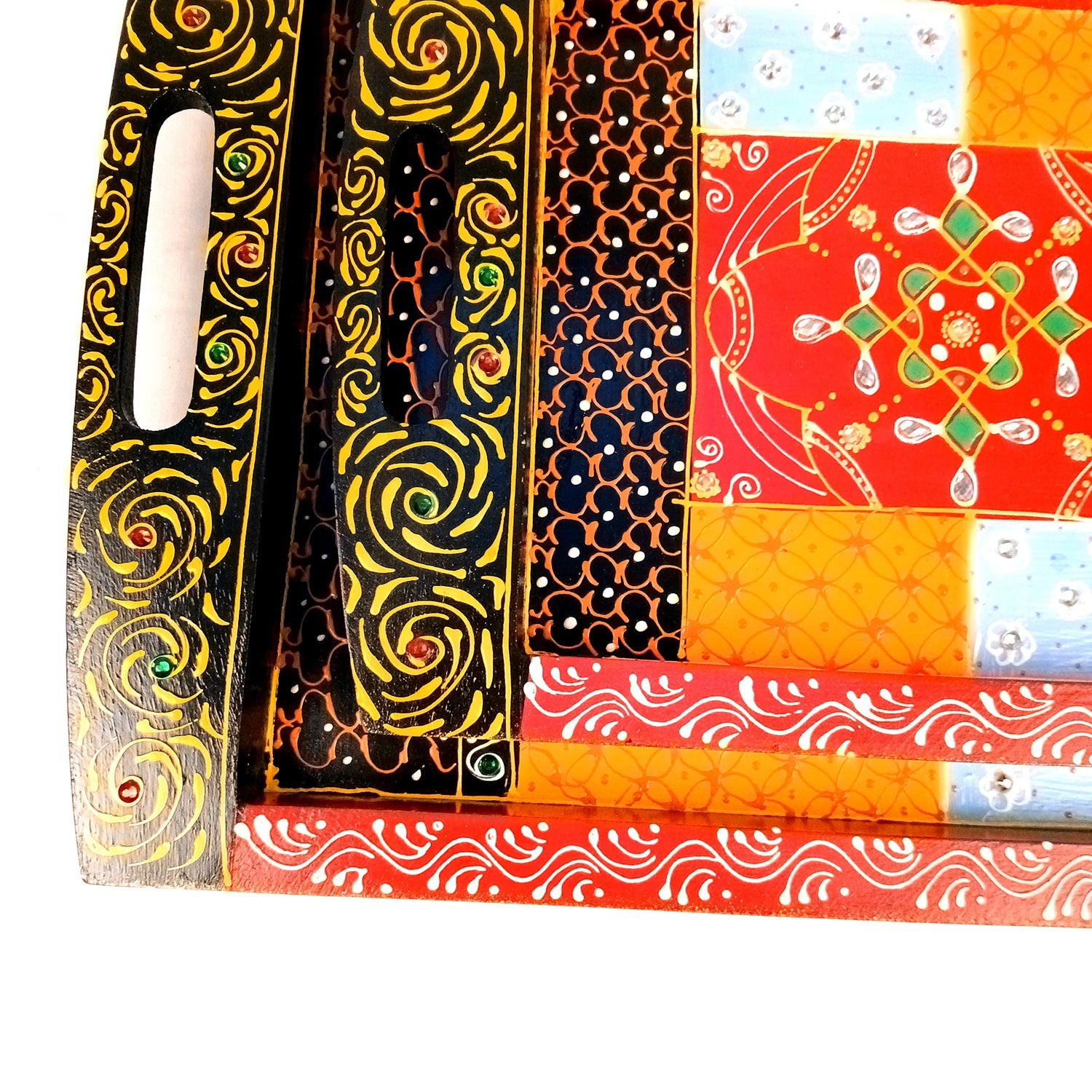 Tray Wooden | Beautifully Hand Painted Tea & Snacks Serving Platter | Decorative Trays - for Home, Dining Table, Kitchen Decor | Wedding & Housewarming Gift - 17 Inch (Pack of 2) - Apkamart