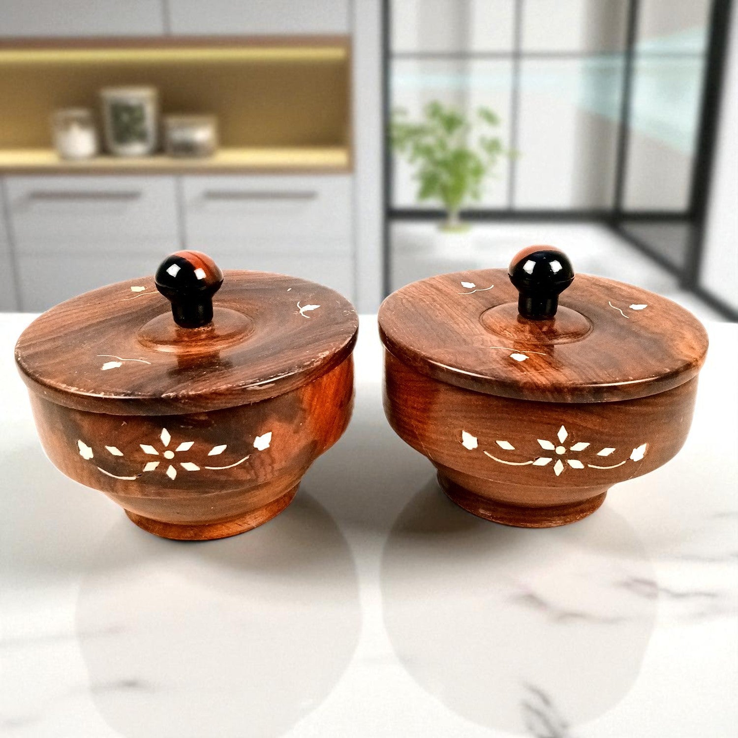 Wooden Bowl | Sugar Pot| Dry Fruit Box Container | Salt Spice Jar | Masala Box | Multi-Use Container - for Home, Kitchen, Dining Table Decor - 5 Inch (Pack Of 2) - Apkamart