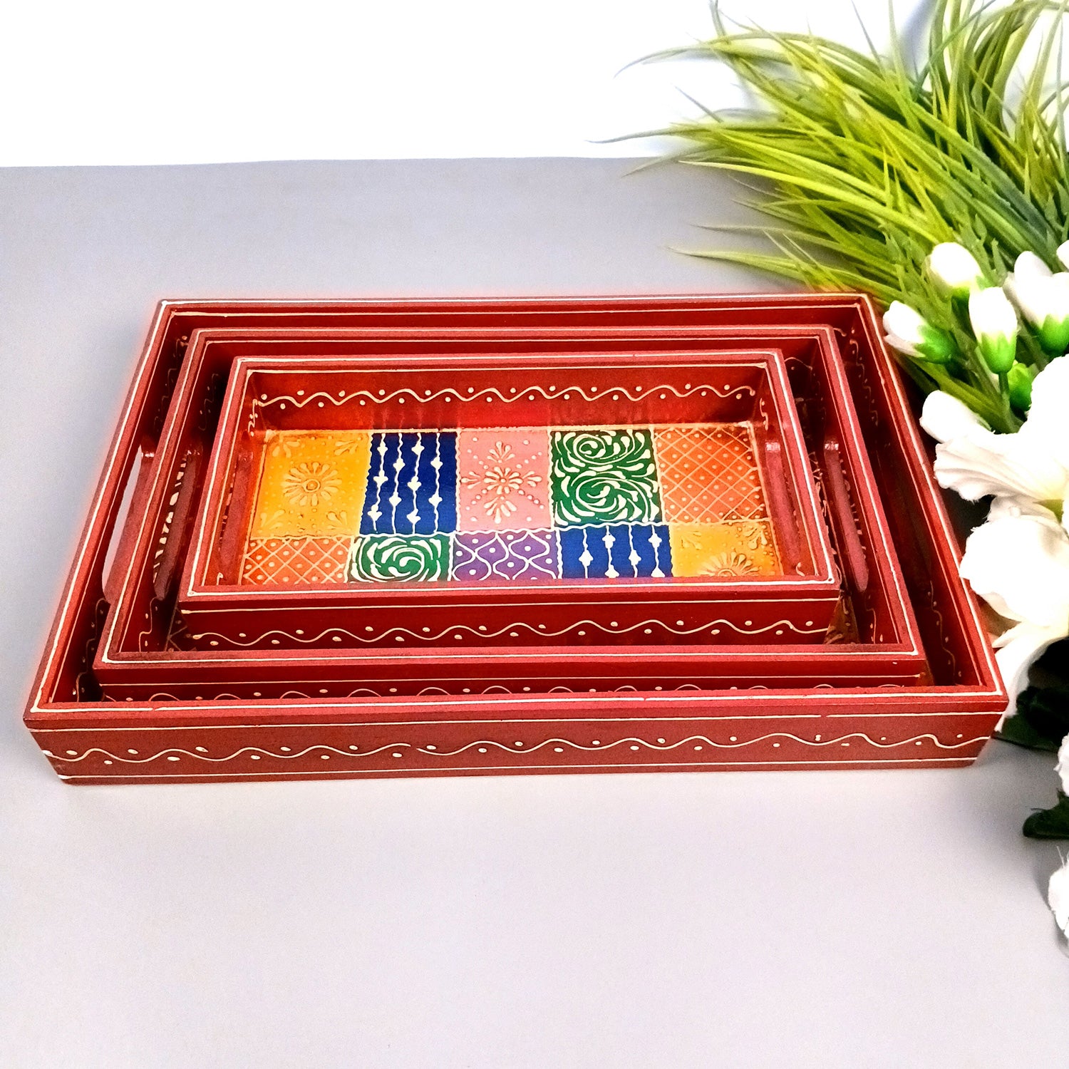 Wooden Tray Set | Serving Trays for Tea, Coffee & Snacks - for Home, Dining Table Organization, Kitchen & Gifts - Set of 3 (Wood, Multicolor) - Apkamart #Style_Design 1