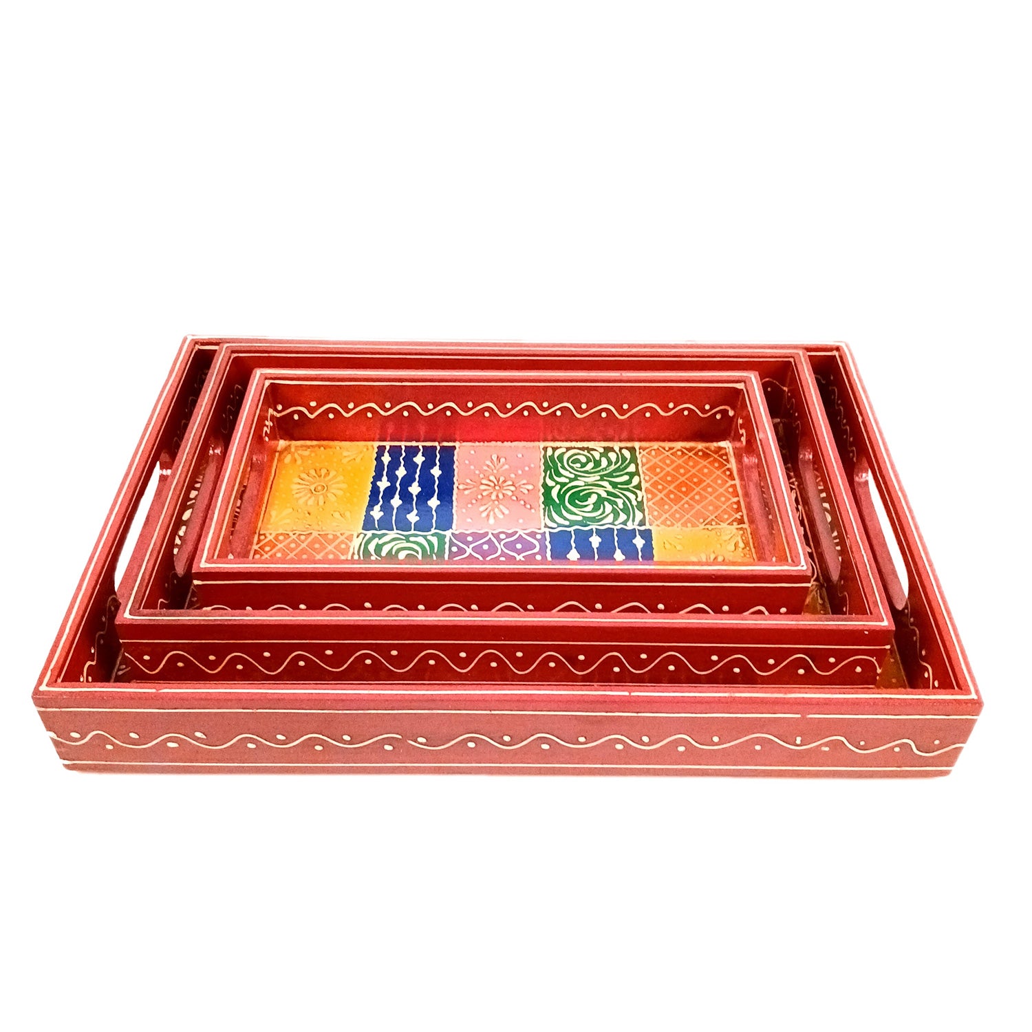 Wooden Tray Set | Serving Trays for Tea, Coffee & Snacks - for Home, Dining Table Organization, Kitchen & Gifts - Set of 3 (Wood, Multicolor) - Apkamart #Style_Design 1