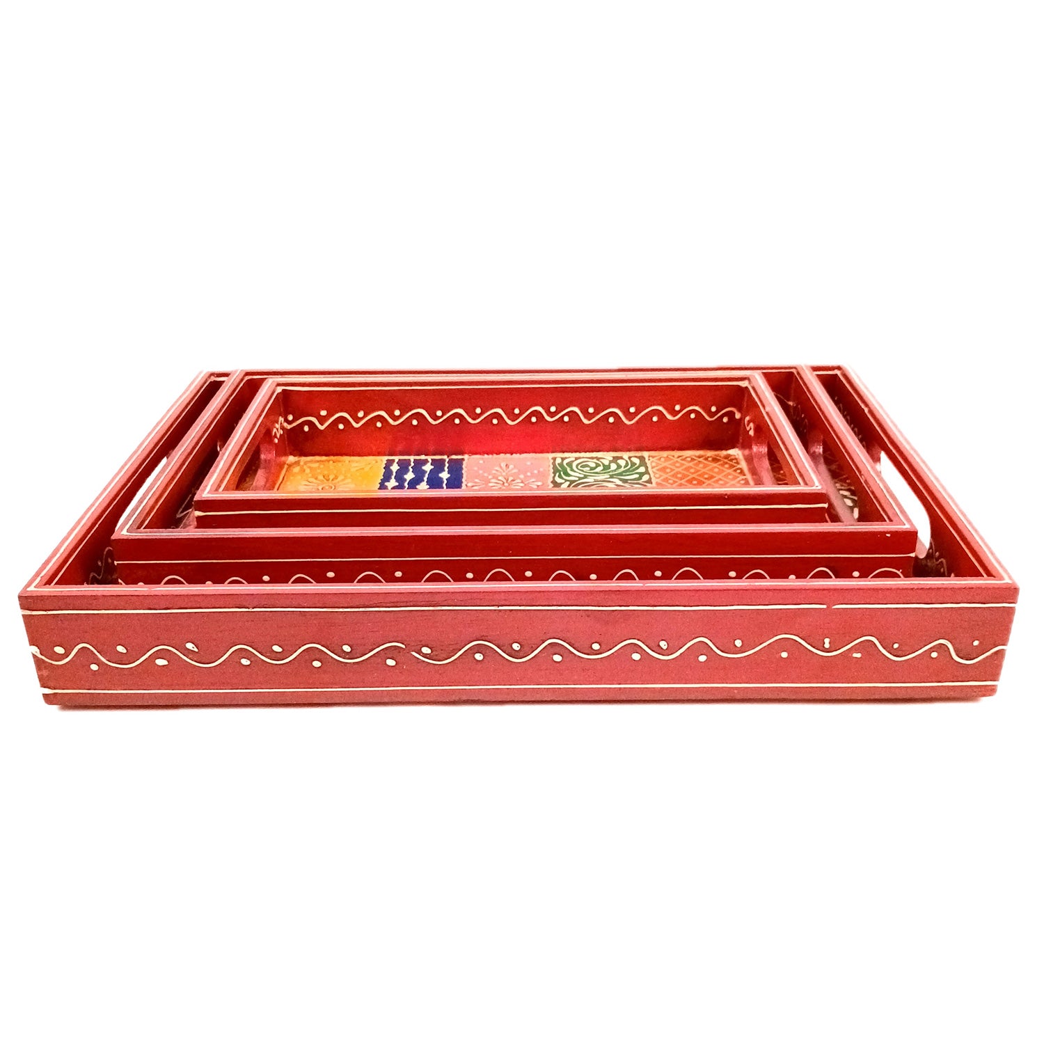 Wooden Tray Set | Serving Trays for Tea, Coffee & Snacks - for Home, Dining Table Organization, Kitchen & Gifts - Set of 3 (Wood, Multicolor) - Apkamart #Style_Design 1