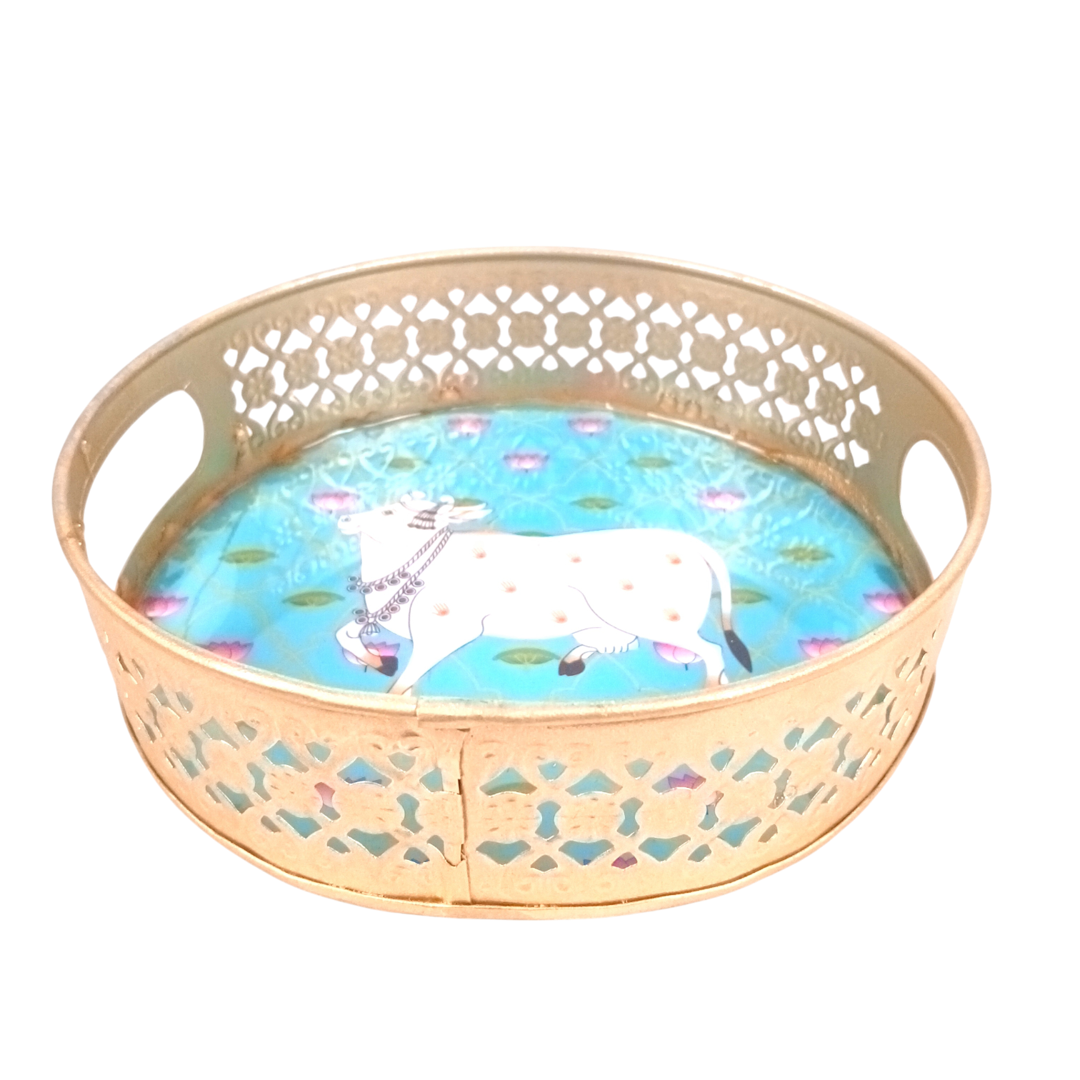 Pichwai Art Round Metal Tray | Decorative Metal Serving Tray for Home, Kitchen & Table Décor | Traditional Handmade Round Tray for Festive & Gifting Use - 8 Inch - Apkamart