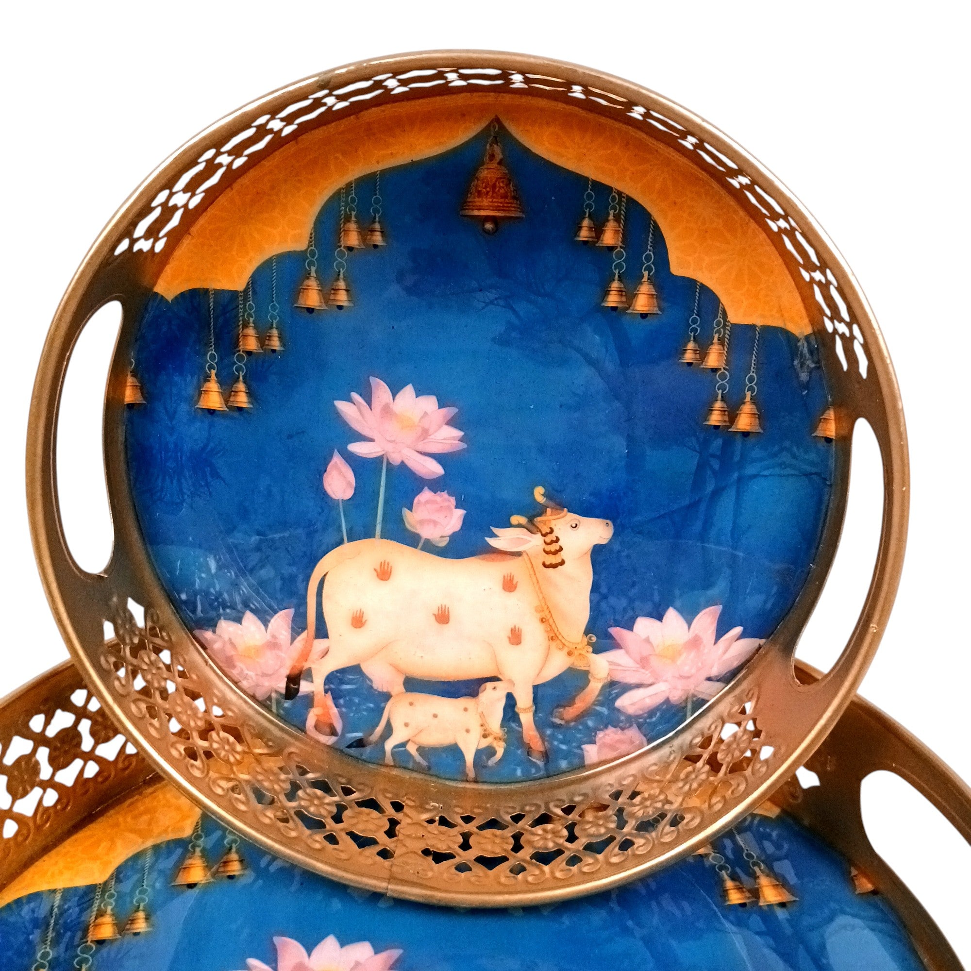Round Serving Tray Set | Tray for Kitchen & Home Decor | Decorative Handicraft Tray | Beautiful Diwali Gift | Elegant Tray Set for Dining- 10 Inch (Set Of 2) - Apkamart