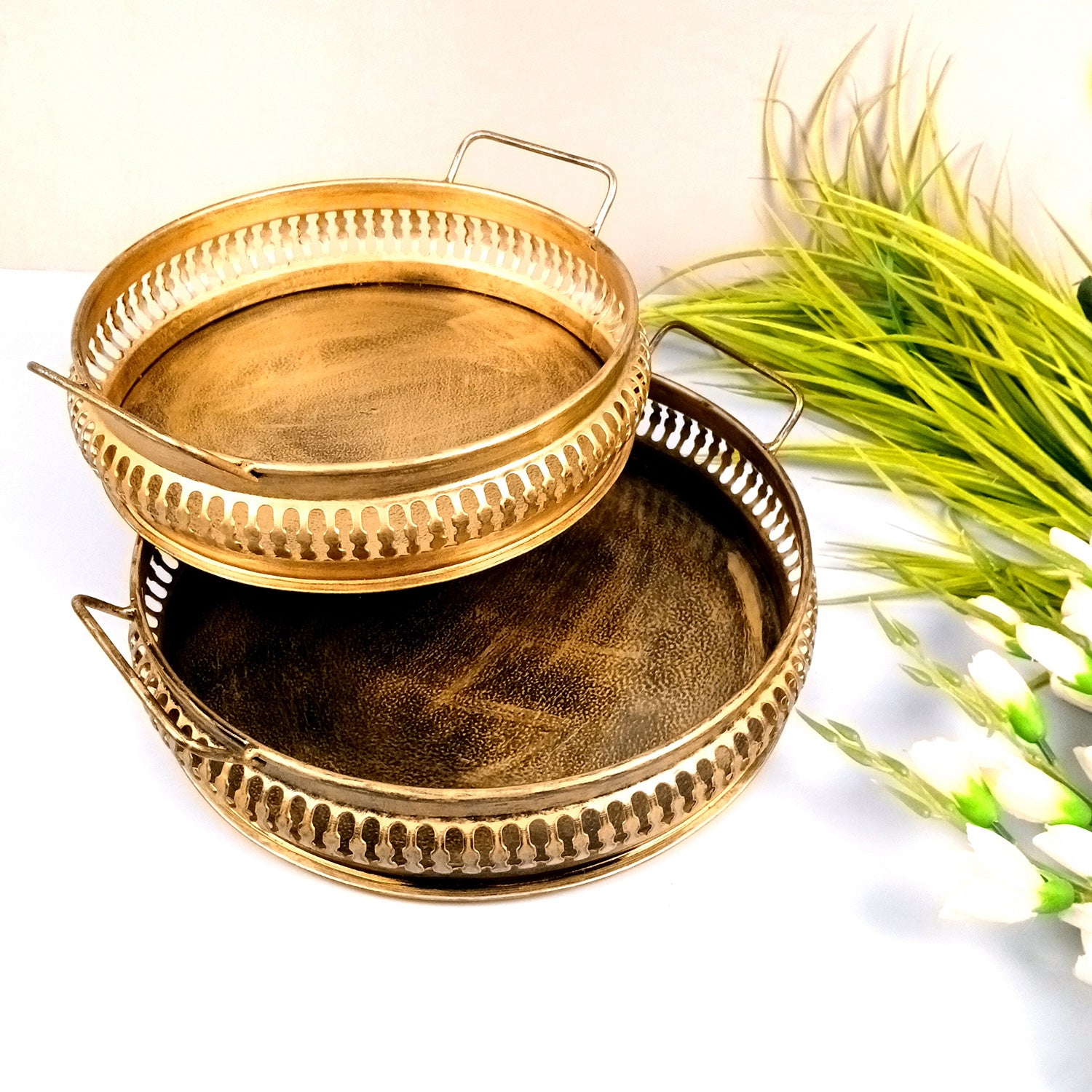 Serving Tray Set | Metal Trays For Tea, Coffee & Snacks | Multipurpose Decorative Tray & Platters - For Home, Dining Table Organization, Kitchen & Gifts - 12 Inch (Pack of 2) - Apkamart