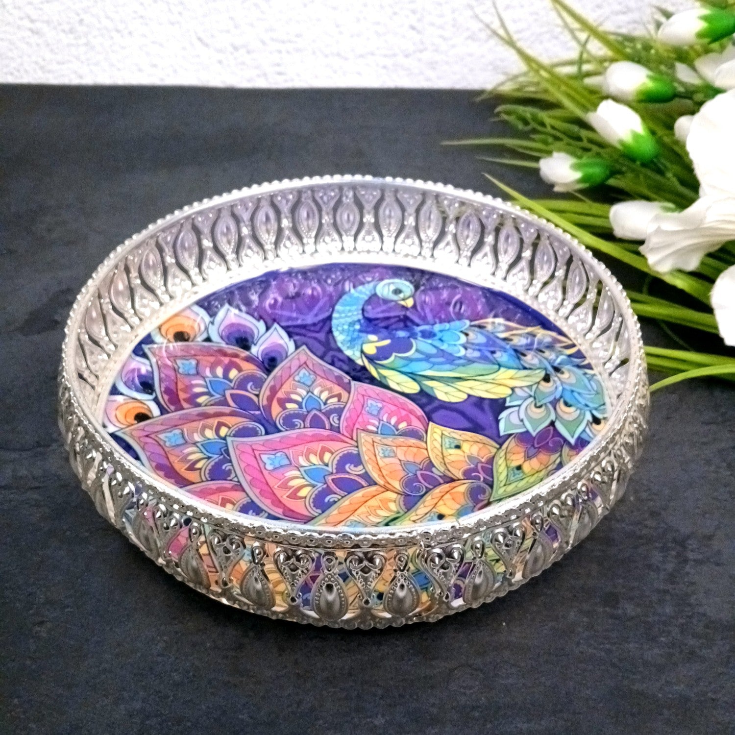 Round Serving Tray | Tray for Kitchen & Home Decor | Peacock Design| Handcrafted Decorative Tray | Beautiful Tray for Dining & Center Table - 8 Inch - Apkamart