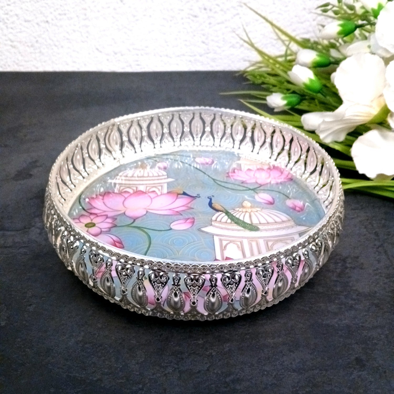 Round Serving Tray | Tray for Kitchen & Home Decor | Lotus Design| Handcrafted Decorative Tray | Beautiful Tray for Dining & Center Table - 8 Inch - Apkamart