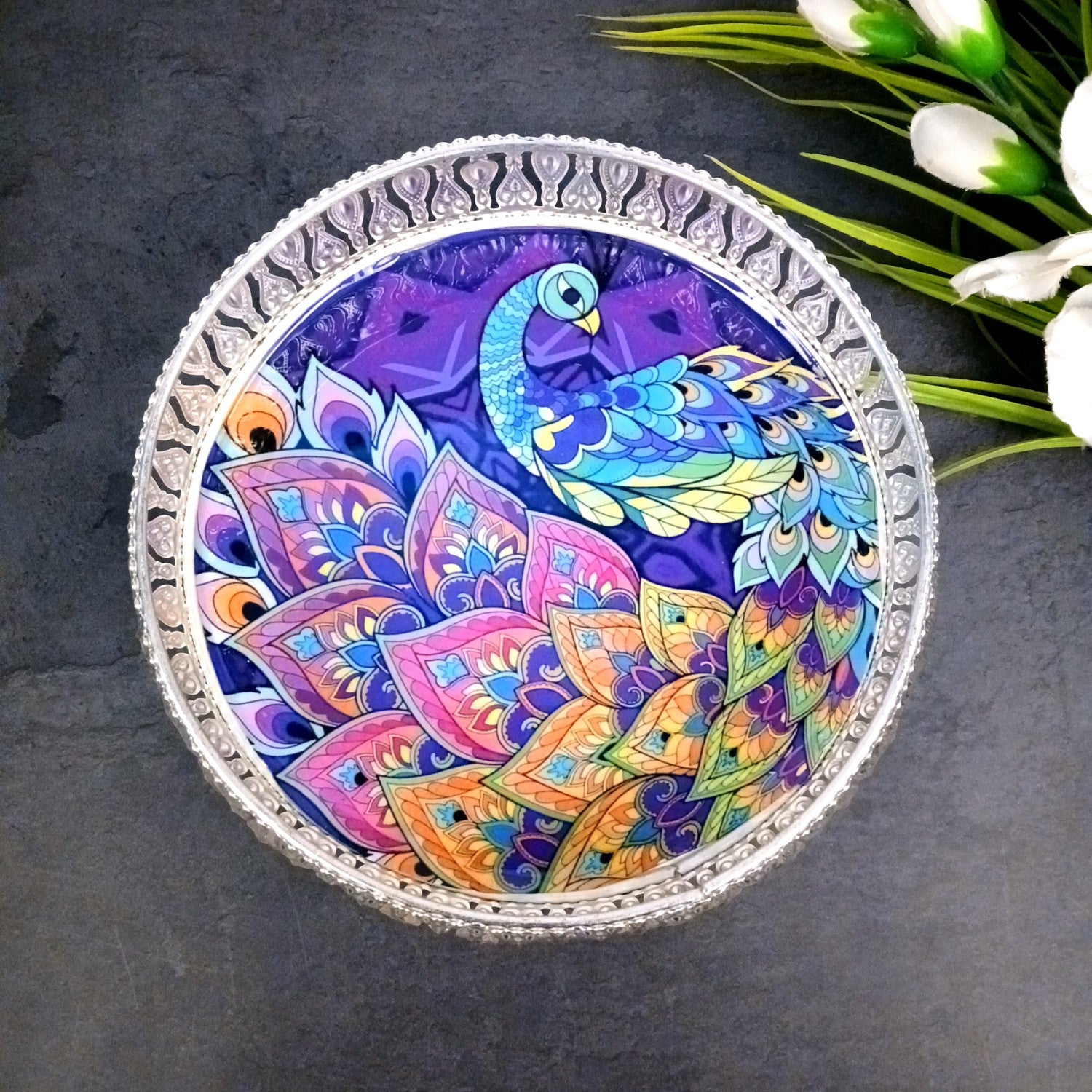 Round Serving Tray | Tray for Kitchen & Home Decor | Peacock Design| Handcrafted Decorative Tray | Beautiful Tray for Dining & Center Table - 8 Inch - Apkamart