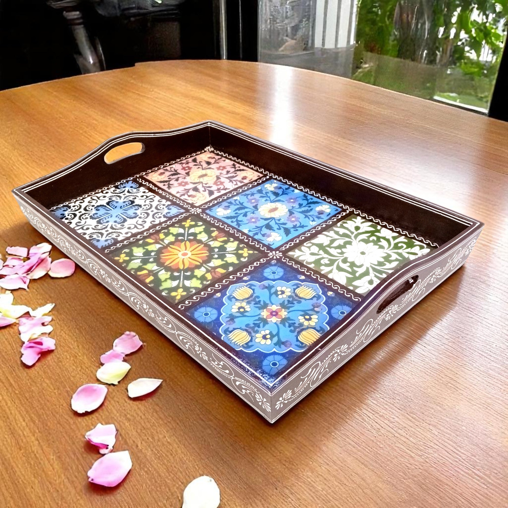 Serving Tray With Ceramic Tiles | Big Wooden Platter for Serving Whole Meal | Large Tray With Handles - for Home, Dining Table, Kitchen Decor, Restaurants, Hotels, Cafe & Gifts - 21 Inch - Apkamart #Style_Design 1