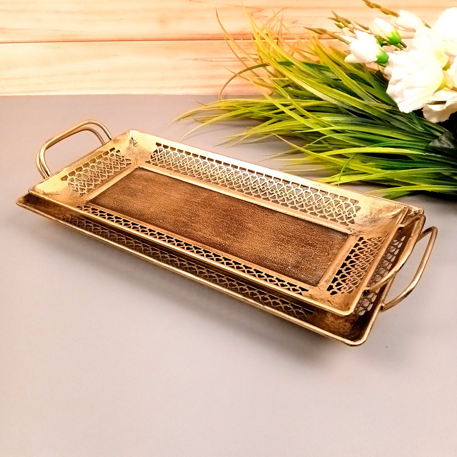 Serving Tray Set | Metal Trays For Tea, Coffee & Snacks | Multipurpose Decorative Tray & Platters - For Home, Dining Table Organization, Kitchen & Gifts - 15 Inch (Set Of 2) - Apkamart