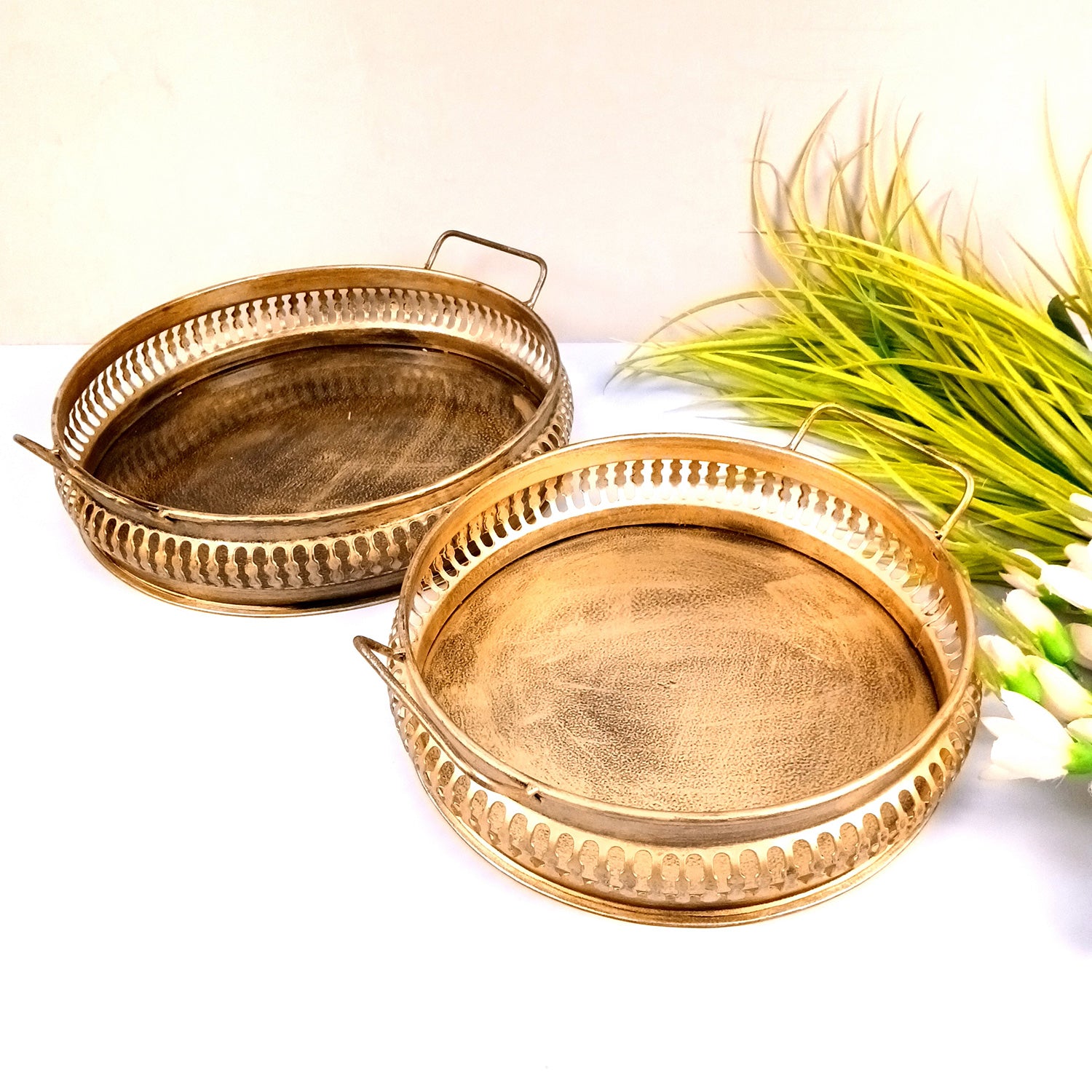 Serving Tray Set | Metal Trays For Tea, Coffee & Snacks | Multipurpose Decorative Tray & Platters - For Home, Dining Table Organization, Kitchen & Gifts - 12 Inch (Pack of 2) - Apkamart