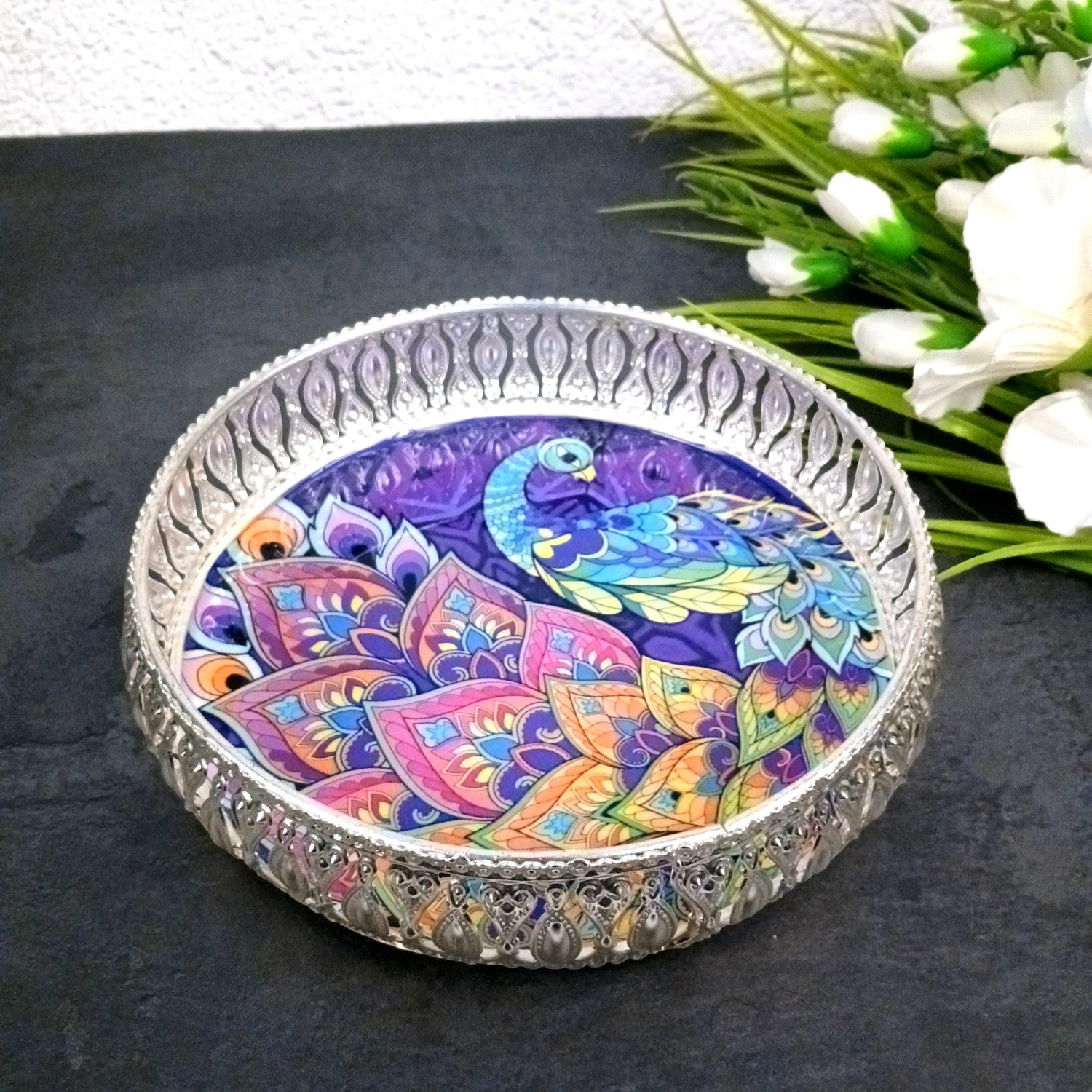 Round Serving Tray | Tray for Kitchen & Home Decor | Peacock Design| Handcrafted Decorative Tray | Beautiful Tray for Dining & Center Table - 8 Inch - Apkamart
