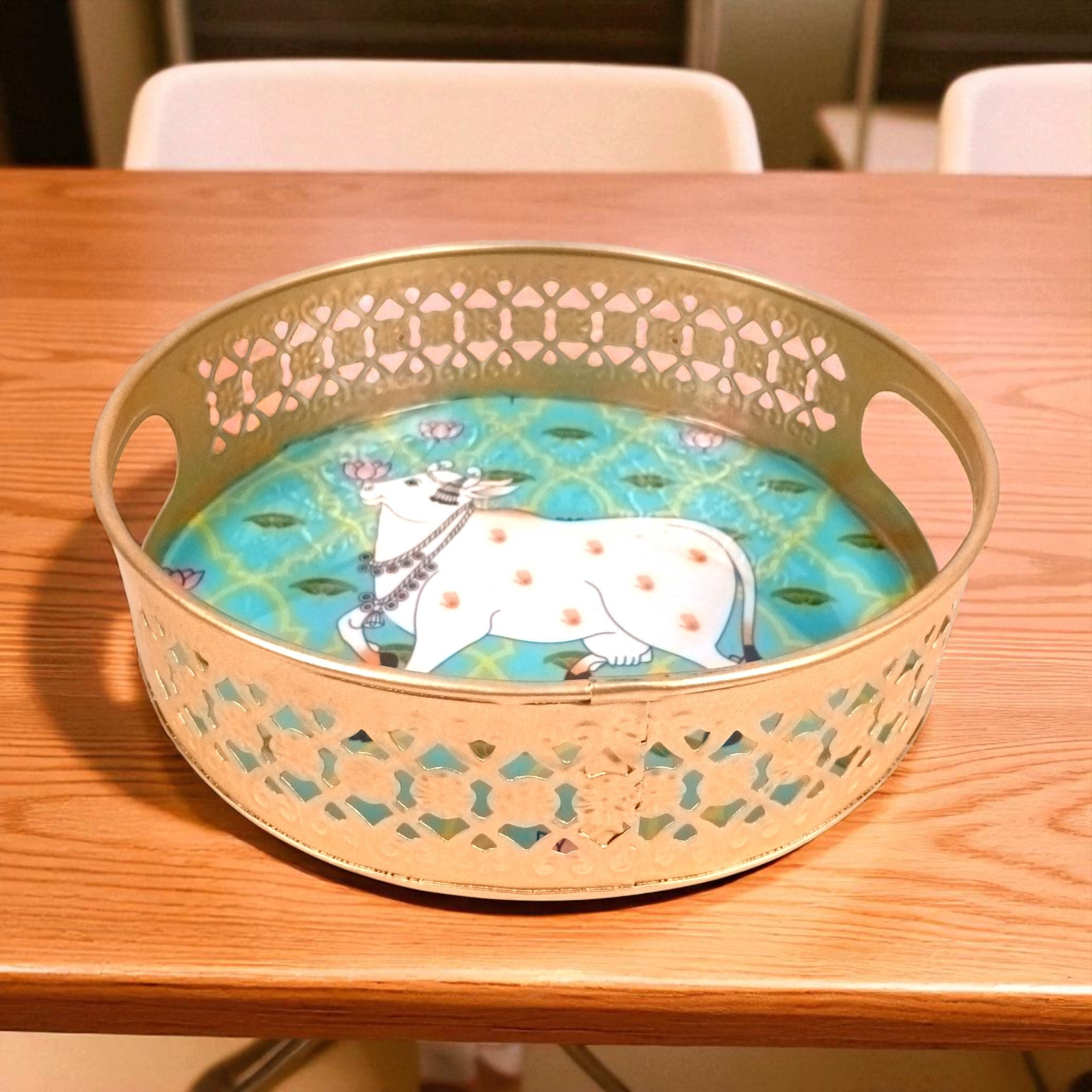 Round Serving Tray Set | Tray for Kitchen & Home Decor | Decorative Handicraft Tray | Beautiful Diwali Gift | Elegant Tray Set for Dining- 10 Inch (Set Of 2) - Apkamart