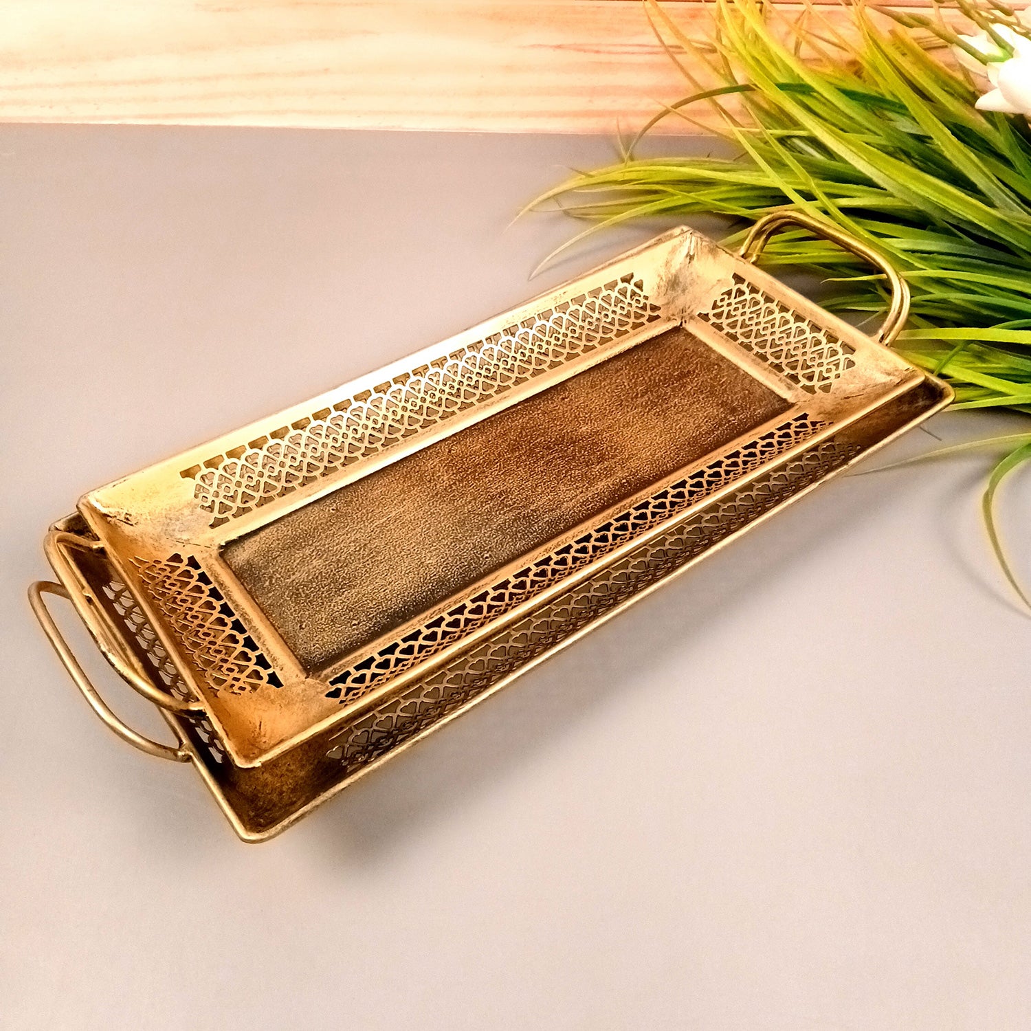 Serving Tray Set | Metal Trays For Tea, Coffee & Snacks | Multipurpose Decorative Tray & Platters - For Home, Dining Table Organization, Kitchen & Gifts - 15 Inch (Set Of 2) - Apkamart