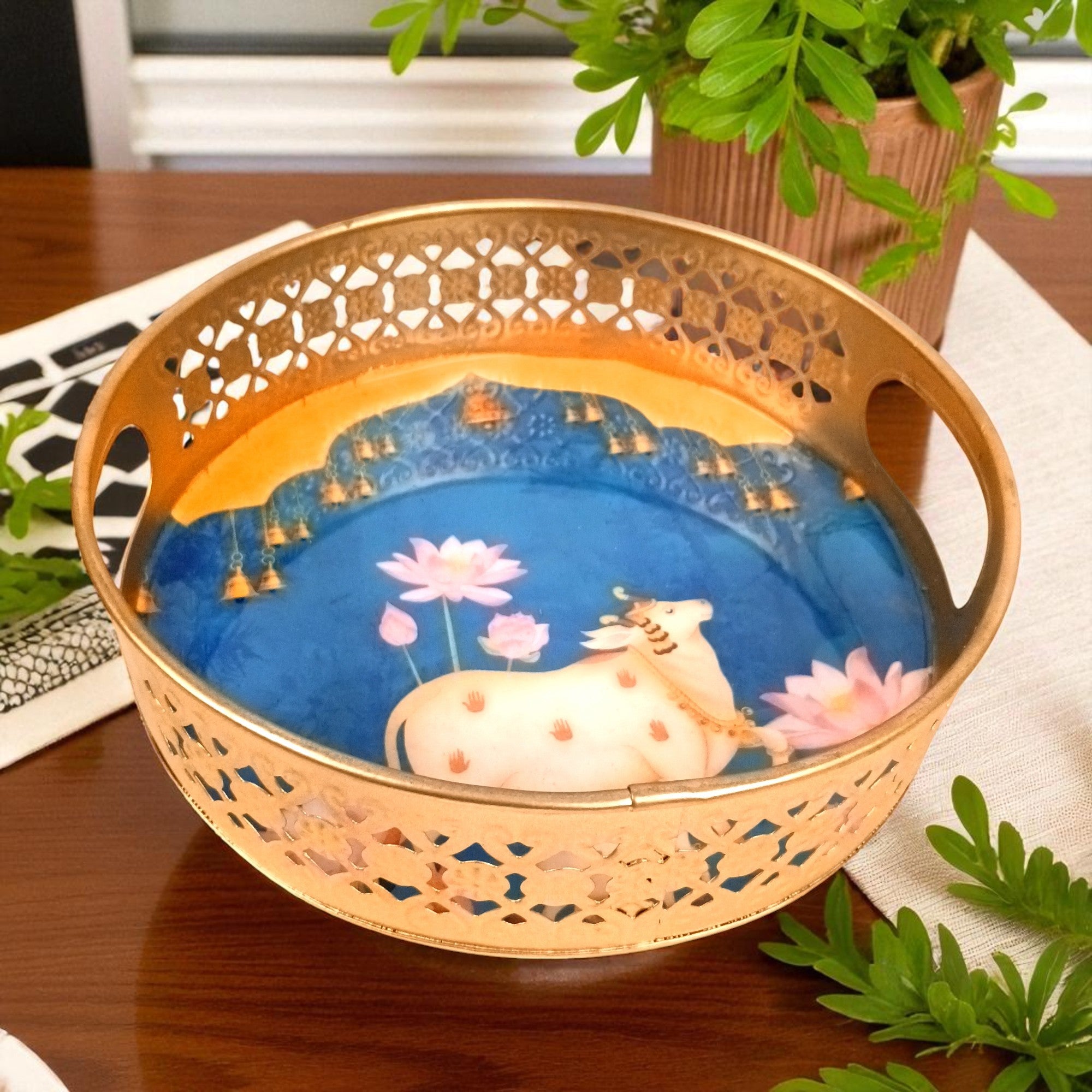 Round Serving Tray Set | Tray for Kitchen & Home Decor | Decorative Handicraft Tray | Beautiful Diwali Gift | Elegant Tray Set for Dining- 10 Inch (Set Of 2) - Apkamart