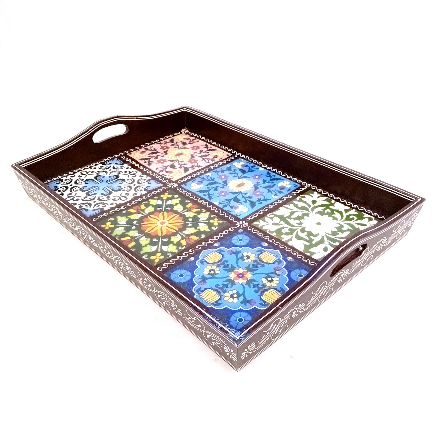 Serving Tray With Ceramic Tiles | Big Wooden Platter for Serving Whole Meal | Large Tray With Handles - for Home, Dining Table, Kitchen Decor, Restaurants, Hotels, Cafe & Gifts - 21 Inch - Apkamart #Style_Design 1