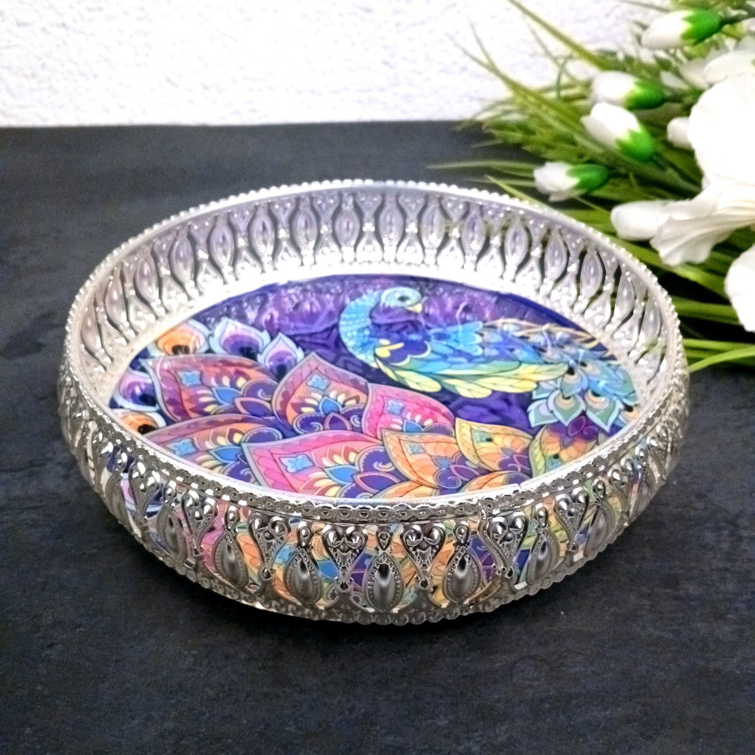 Round Serving Tray | Tray for Kitchen & Home Decor | Peacock Design| Handcrafted Decorative Tray | Beautiful Tray for Dining & Center Table - 8 Inch - Apkamart