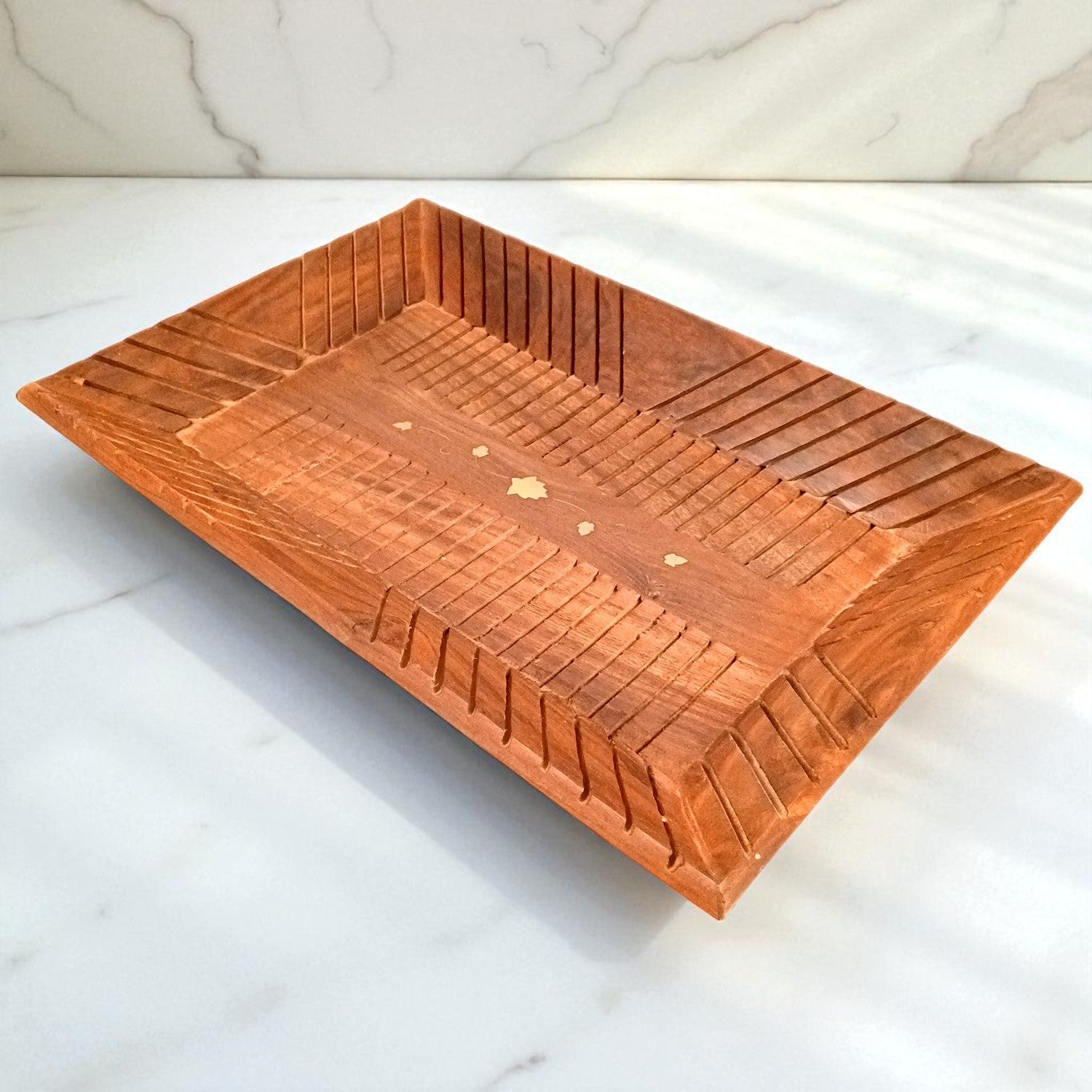 Tray Wooden | Tea & Snacks Serving Platter | Decorative Handcrafted Trays - for Home, Dining Table, Kitchen Decor | Wedding & Housewarming Gift - 14 Inch - Apkamart