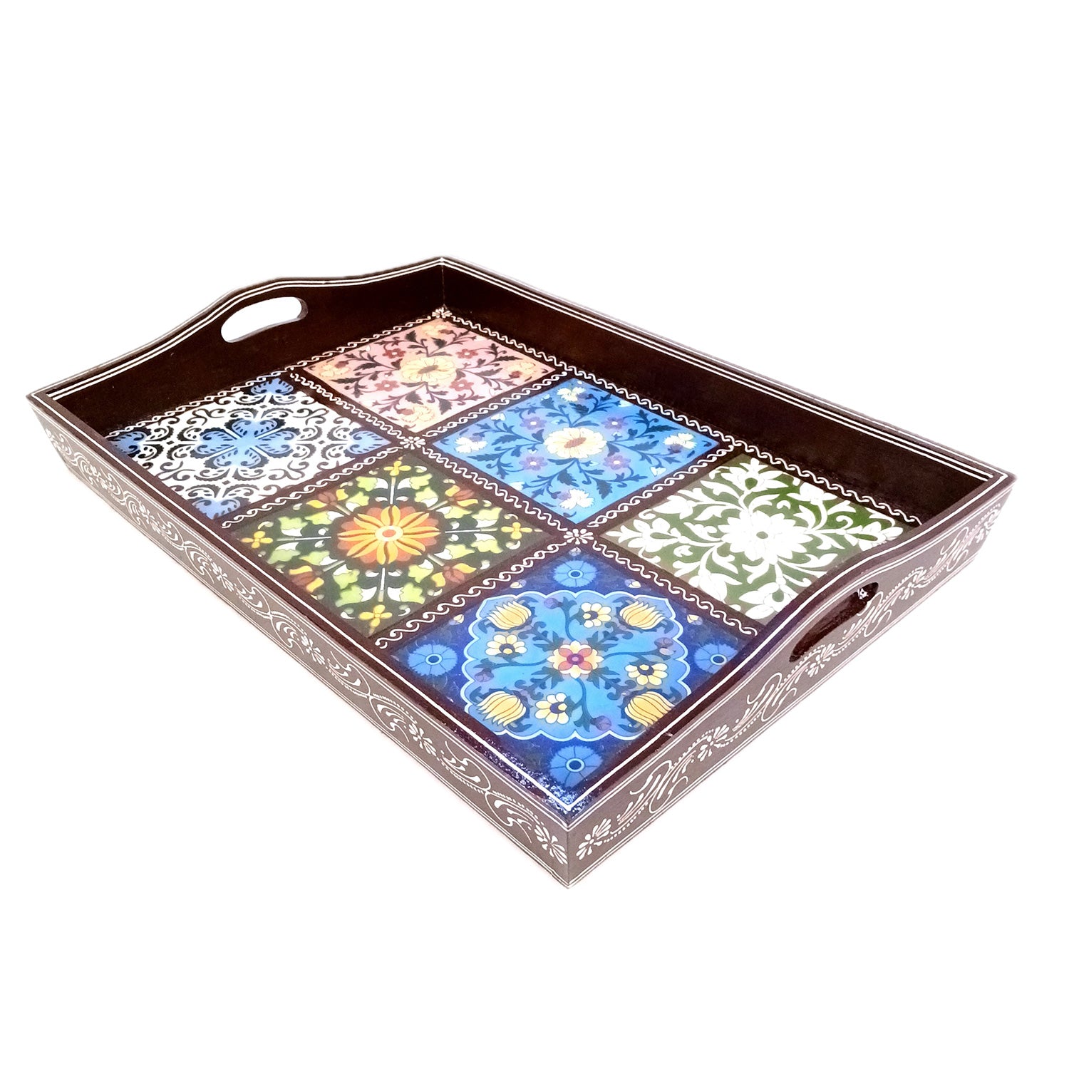Serving Tray With Ceramic Tiles | Big Wooden Platter for Serving Whole Meal | Large Tray With Handles - for Home, Dining Table, Kitchen Decor, Restaurants, Hotels, Cafe & Gifts - 21 Inch - Apkamart #Style_Design 1