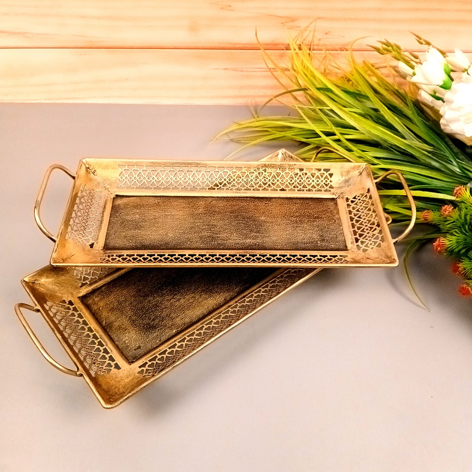 Serving Tray Set | Metal Trays For Tea, Coffee & Snacks | Multipurpose Decorative Tray & Platters - For Home, Dining Table Organization, Kitchen & Gifts - 15 Inch (Set Of 2) - Apkamart