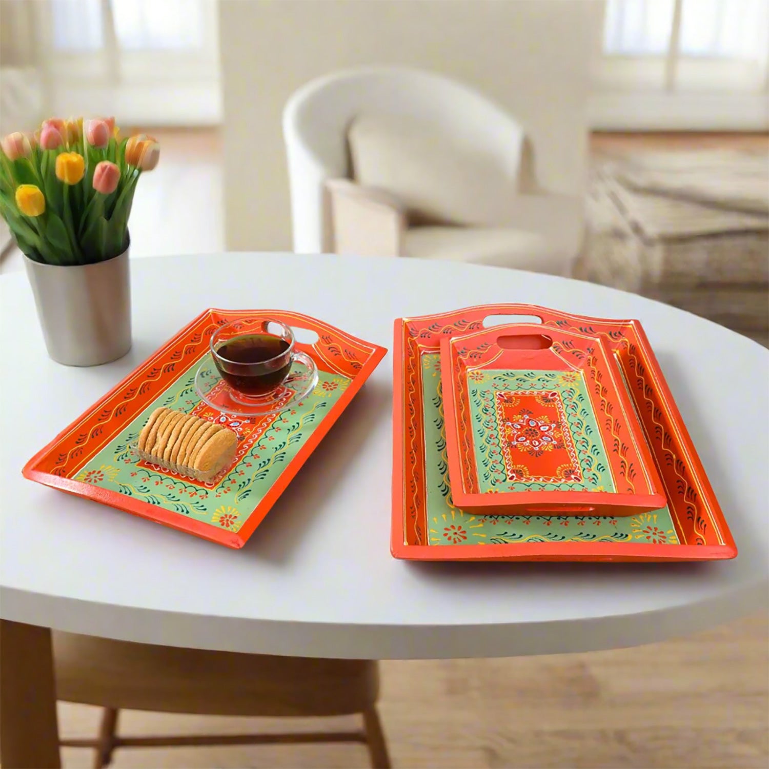 Wooden Serving Tray Set | Tea & Snacks Serving Platter - For Home, Dining Table, Kitchen Decor | Wedding & Housewarming Gift (Combo of 3) - Apkamart #Style_Design 1