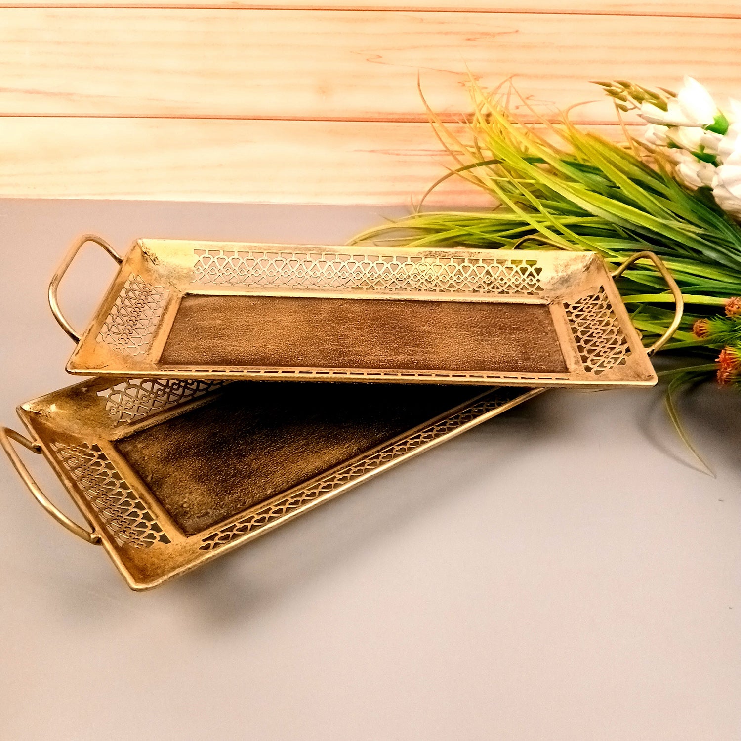 Serving Tray Set | Metal Trays For Tea, Coffee & Snacks | Multipurpose Decorative Tray & Platters - For Home, Dining Table Organization, Kitchen & Gifts - 15 Inch (Set Of 2) - Apkamart