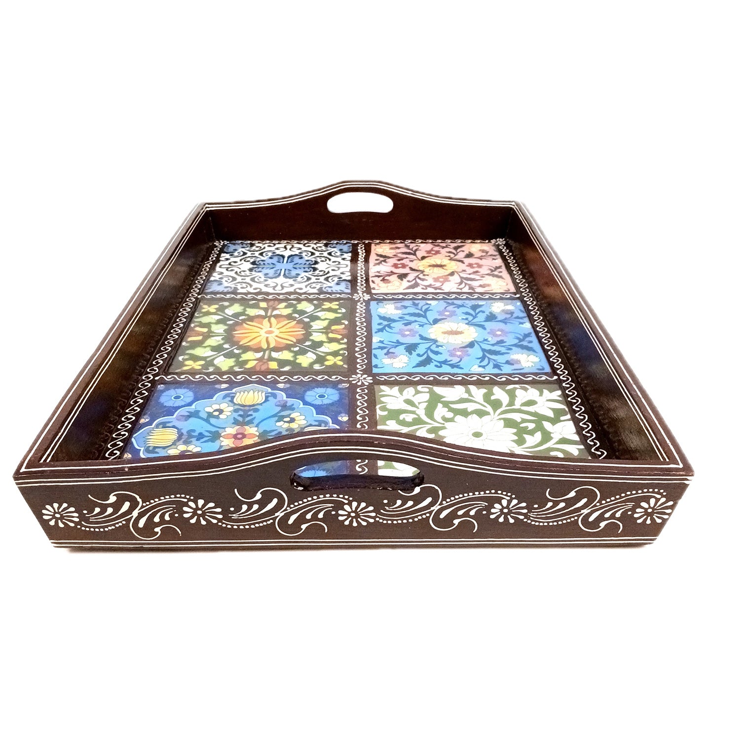 Serving Tray With Ceramic Tiles | Big Wooden Platter for Serving Whole Meal | Large Tray With Handles - for Home, Dining Table, Kitchen Decor, Restaurants, Hotels, Cafe & Gifts - 21 Inch - Apkamart #Style_Design 1
