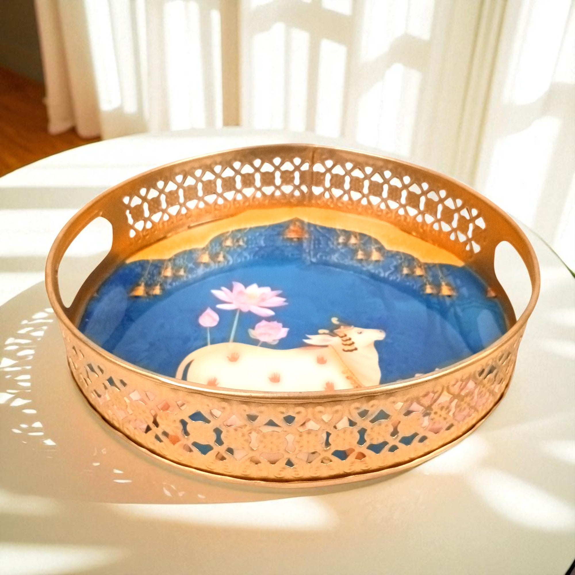 Round Serving Tray Set | Tray for Kitchen & Home Decor | Decorative Handicraft Tray | Beautiful Diwali Gift | Elegant Tray Set for Dining- 10 Inch (Set Of 2) - Apkamart