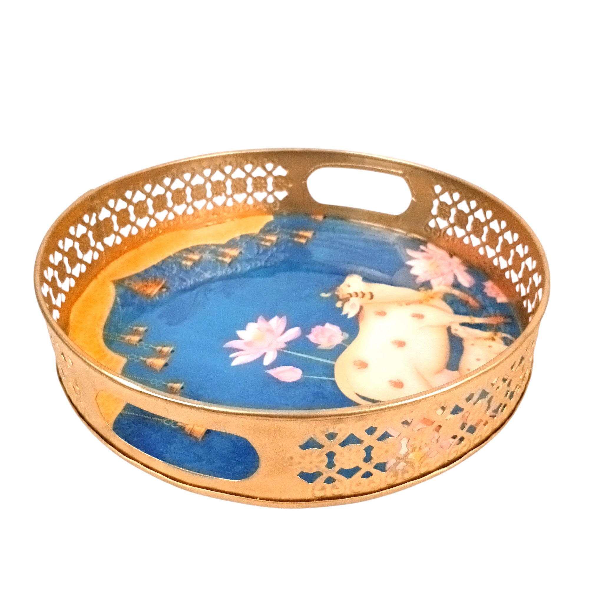 Round Serving Tray Set | Tray for Kitchen & Home Decor | Decorative Handicraft Tray | Beautiful Diwali Gift | Elegant Tray Set for Dining- 10 Inch (Set Of 2) - Apkamart