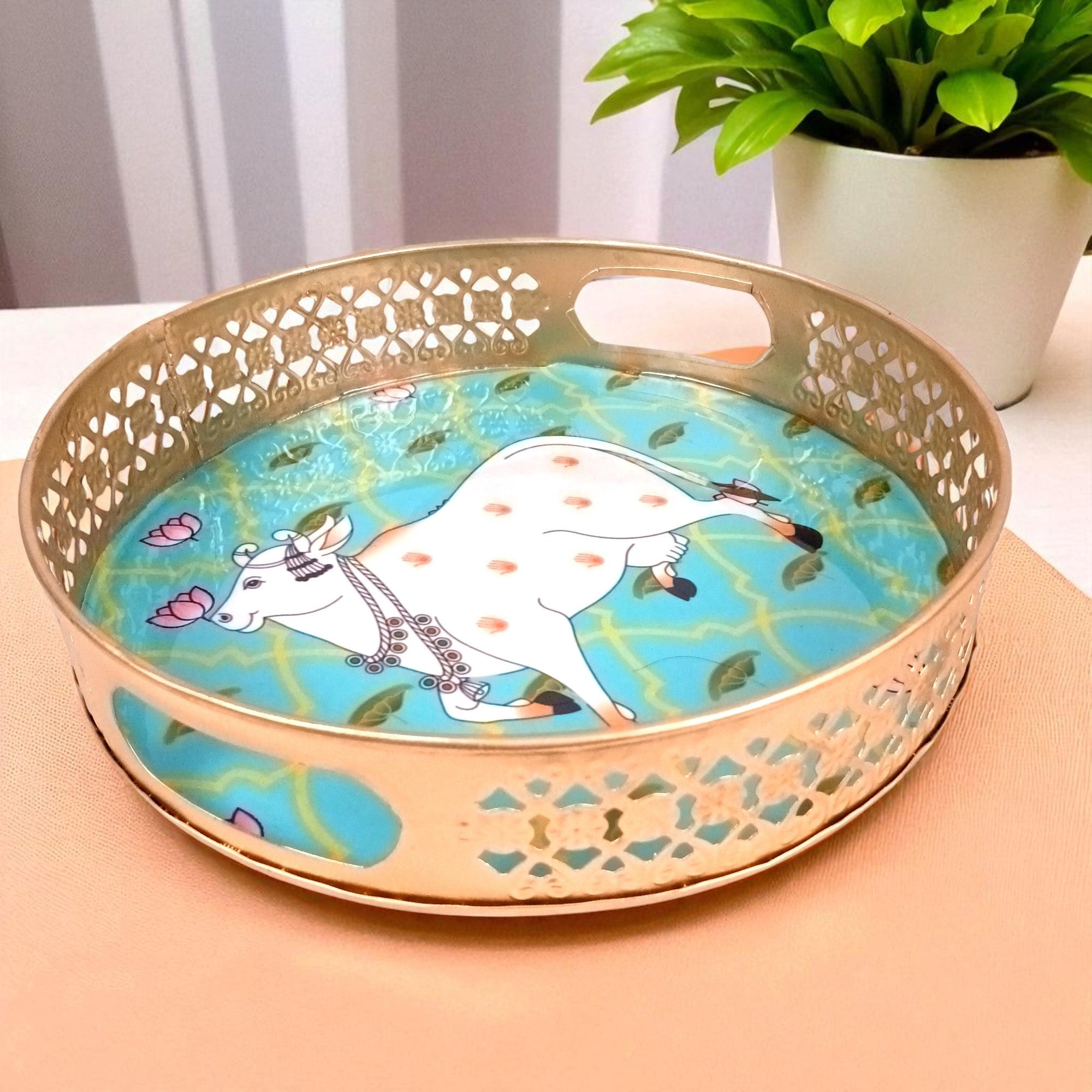 Round Serving Tray Set | Tray for Kitchen & Home Decor | Decorative Handicraft Tray | Beautiful Diwali Gift | Elegant Tray Set for Dining- 10 Inch (Set Of 2) - Apkamart