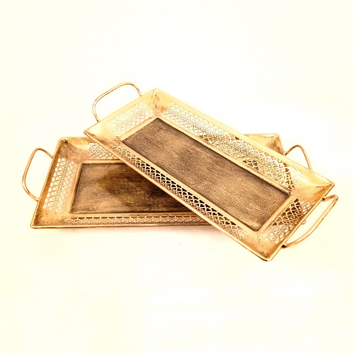 Serving Tray Set | Metal Trays For Tea, Coffee & Snacks | Multipurpose Decorative Tray & Platters - For Home, Dining Table Organization, Kitchen & Gifts - 15 Inch (Set Of 2) - Apkamart