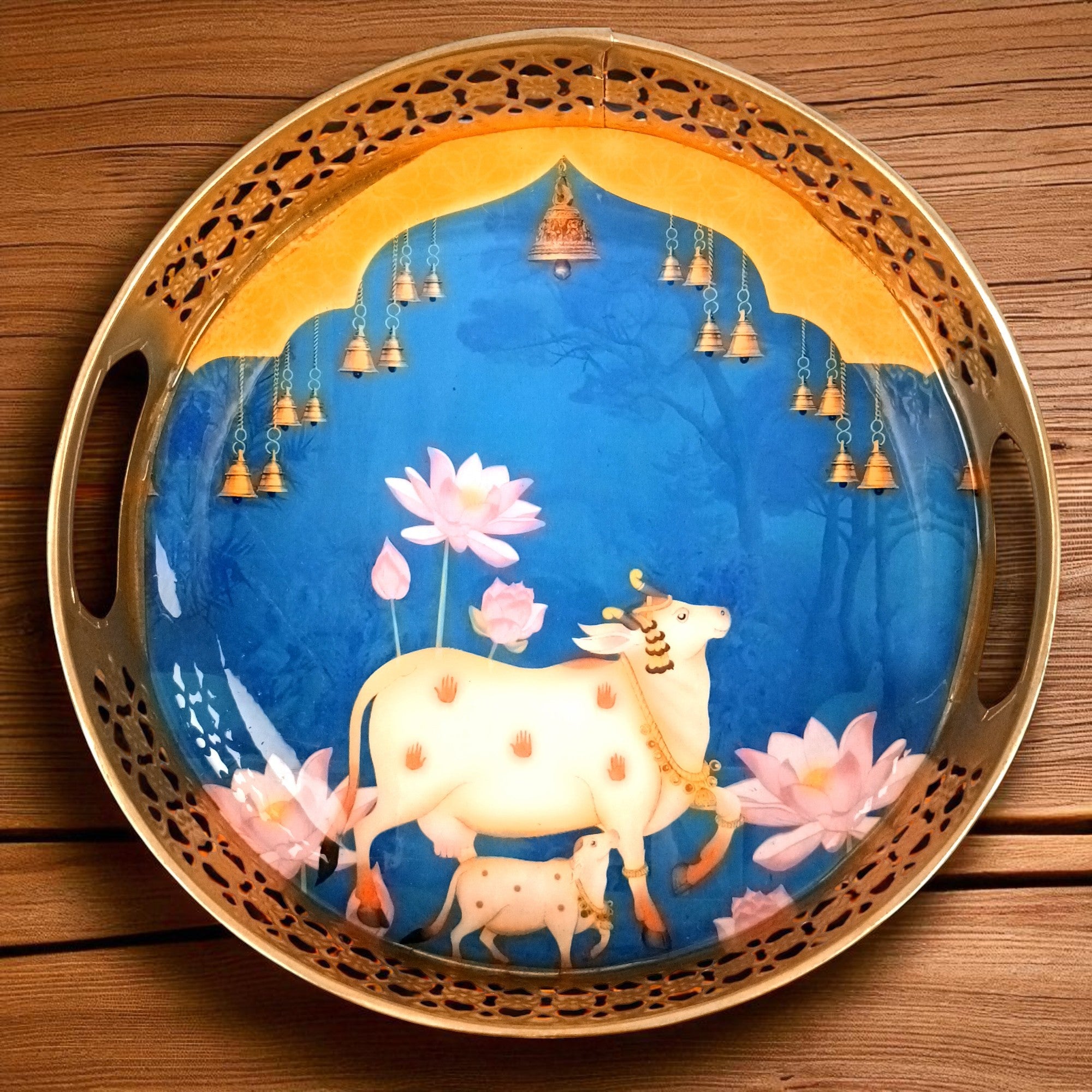 Round Serving Tray Set | Tray for Kitchen & Home Decor | Decorative Handicraft Tray | Beautiful Diwali Gift | Elegant Tray Set for Dining- 10 Inch (Set Of 2) - Apkamart