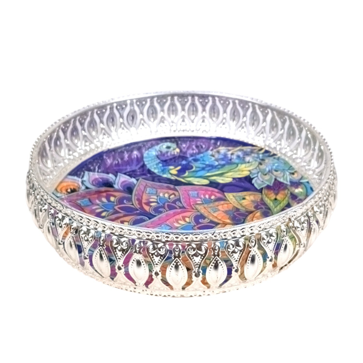 Round Serving Tray | Tray for Kitchen & Home Decor | Peacock Design| Handcrafted Decorative Tray | Beautiful Tray for Dining & Center Table - 8 Inch - Apkamart
