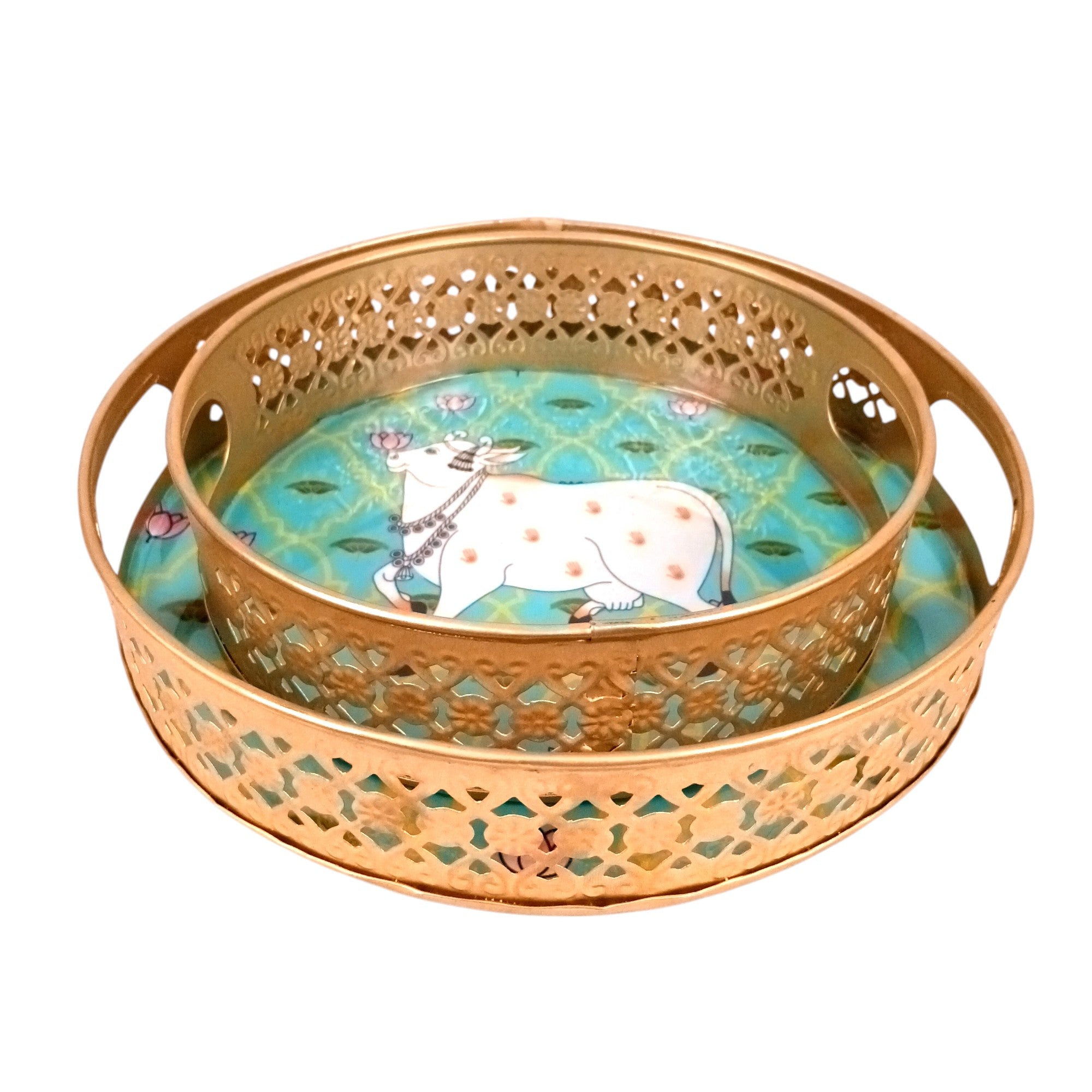 Round Serving Tray Set | Tray for Kitchen & Home Decor | Decorative Handicraft Tray | Beautiful Diwali Gift | Elegant Tray Set for Dining- 10 Inch (Set Of 2) - Apkamart