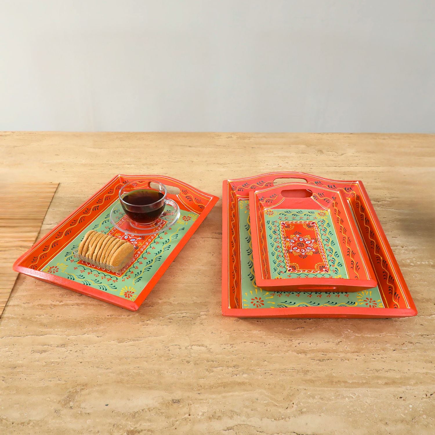 Wooden Serving Tray Set | Tea & Snacks Serving Platter - For Home, Dining Table, Kitchen Decor | Wedding & Housewarming Gift (Combo of 3) - Apkamart #Style_Design 1