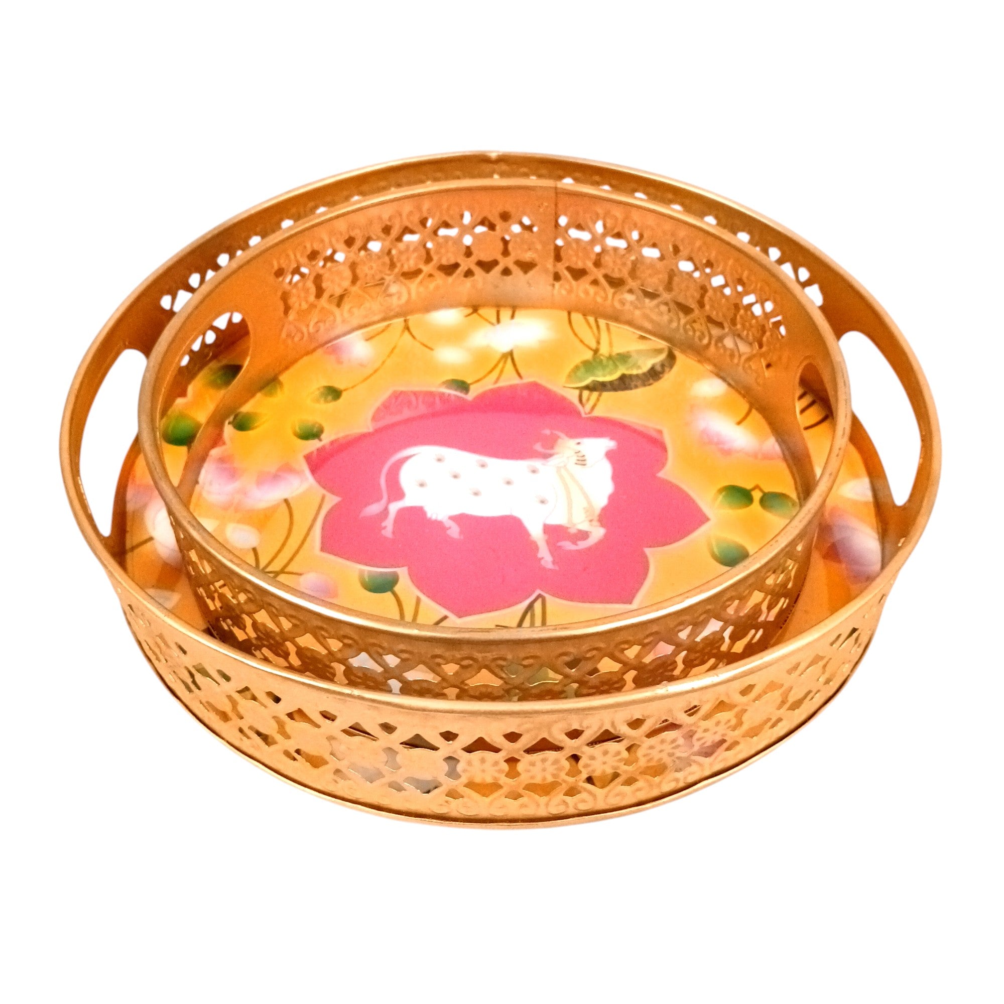 Round Serving Tray Set | Tray for Kitchen & Home Decor | Decorative Handicraft Tray | Beautiful Diwali Gift | Elegant Tray Set for Dining- 10 Inch (Set Of 2) - Apkamart