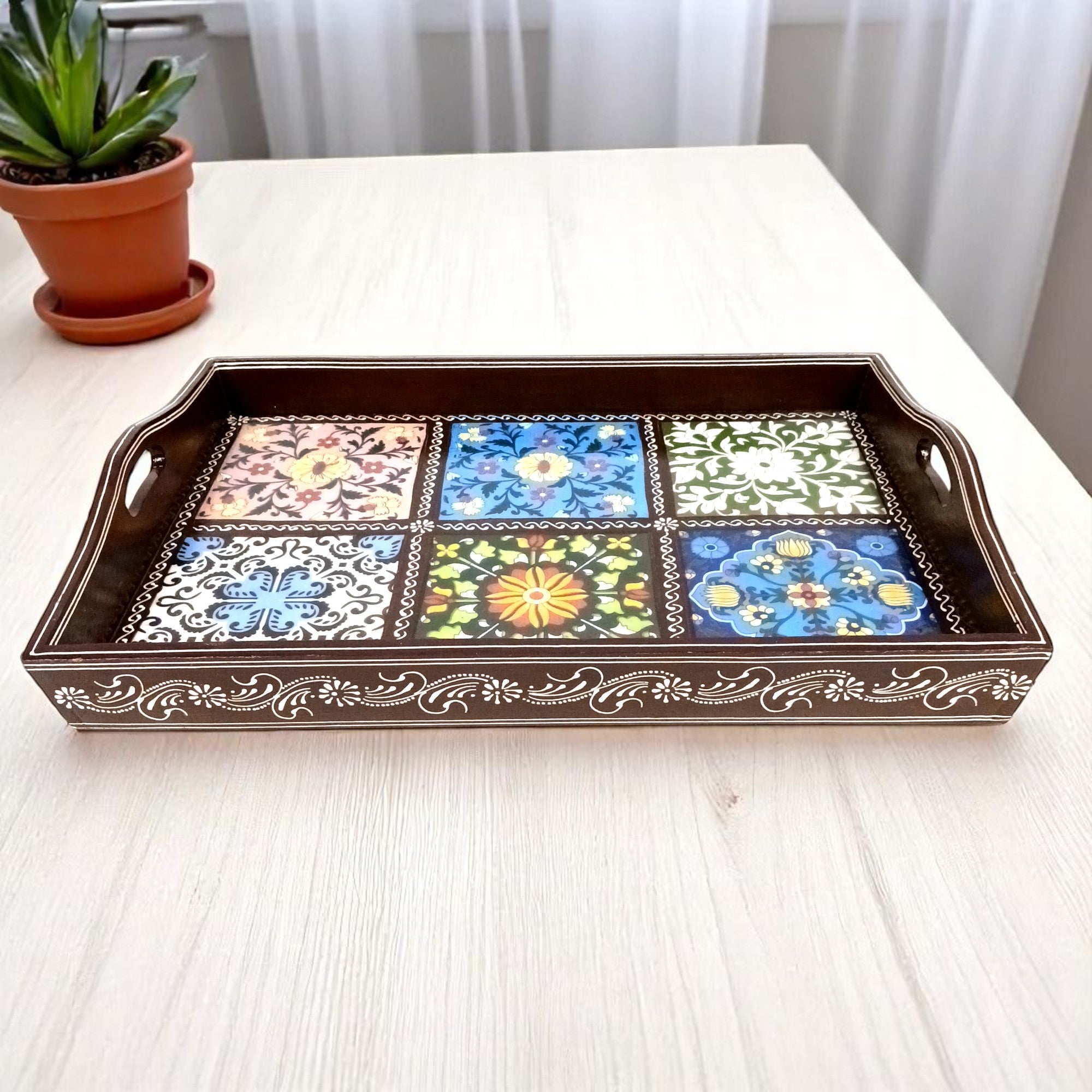 Serving Tray With Ceramic Tiles | Big Wooden Platter for Serving Whole Meal | Large Tray With Handles - for Home, Dining Table, Kitchen Decor, Restaurants, Hotels, Cafe & Gifts - 21 Inch - Apkamart #Style_Design 1