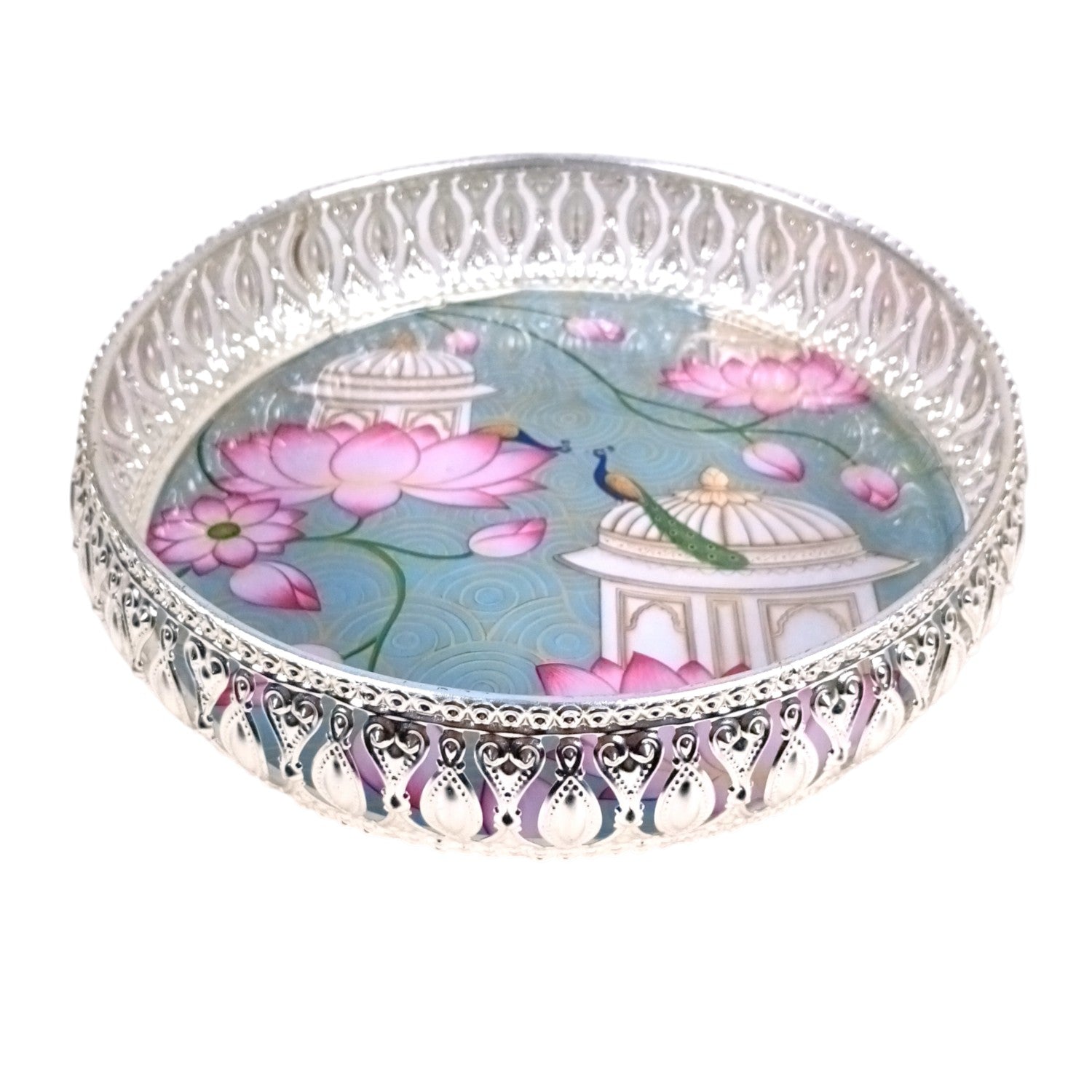 Round Serving Tray | Tray for Kitchen & Home Decor | Lotus Design| Handcrafted Decorative Tray | Beautiful Tray for Dining & Center Table - 8 Inch - Apkamart