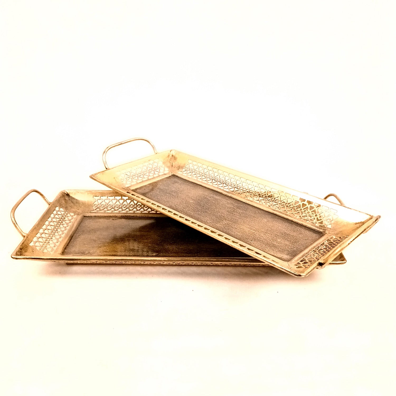 Serving Tray Set | Metal Trays For Tea, Coffee & Snacks | Multipurpose Decorative Tray & Platters - For Home, Dining Table Organization, Kitchen & Gifts - 15 Inch (Set Of 2) - Apkamart