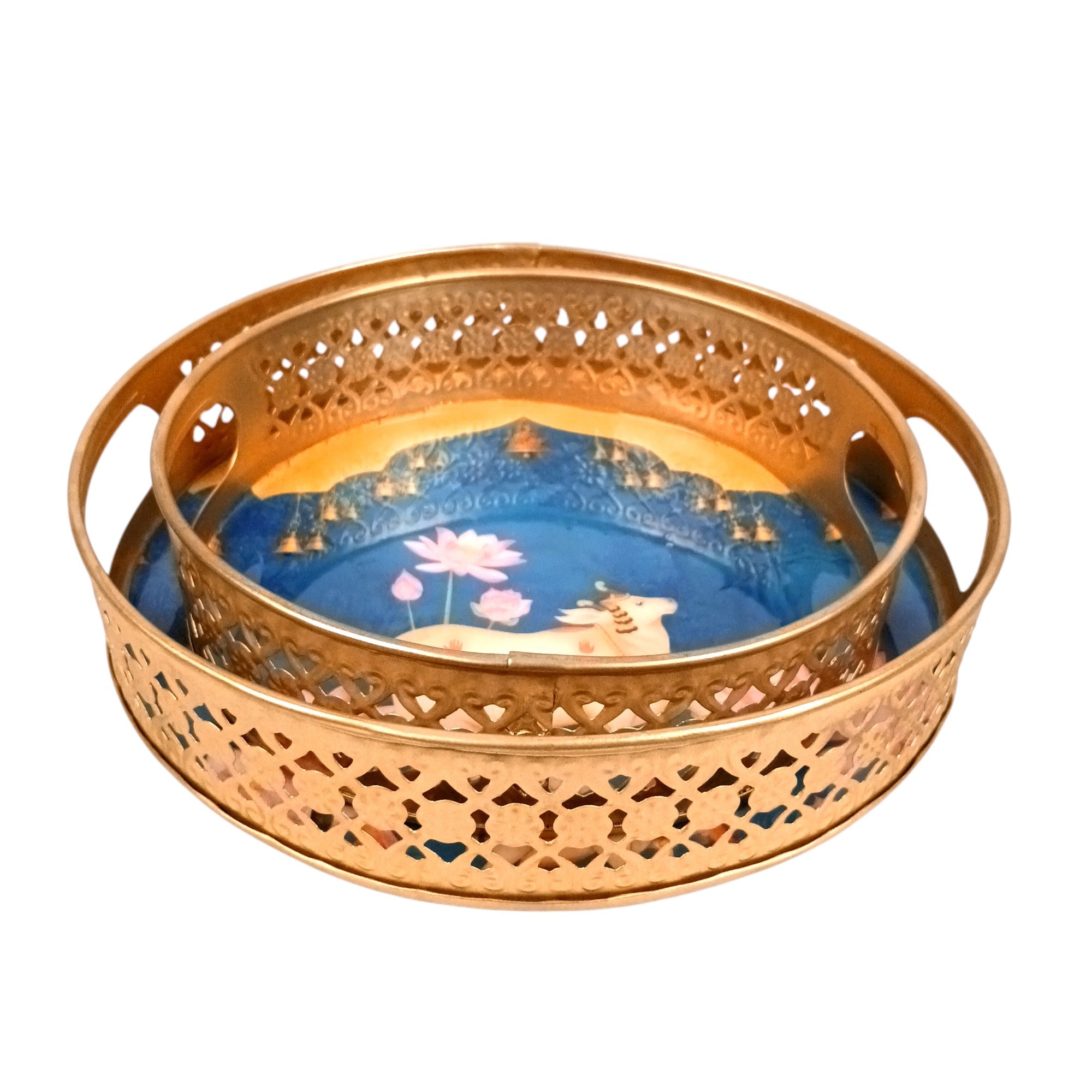 Round Serving Tray Set | Tray for Kitchen & Home Decor | Decorative Handicraft Tray | Beautiful Diwali Gift | Elegant Tray Set for Dining- 10 Inch (Set Of 2) - Apkamart