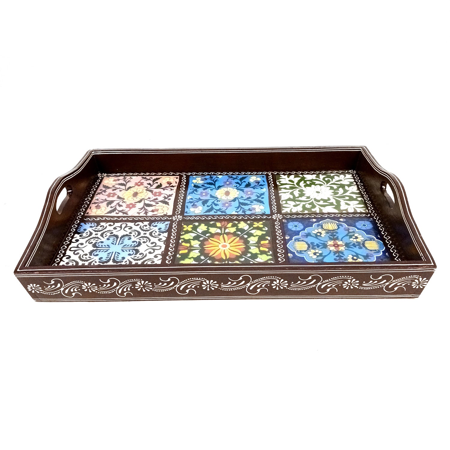Serving Tray With Ceramic Tiles | Big Wooden Platter for Serving Whole Meal | Large Tray With Handles - for Home, Dining Table, Kitchen Decor, Restaurants, Hotels, Cafe & Gifts - 21 Inch - Apkamart #Style_Design 1