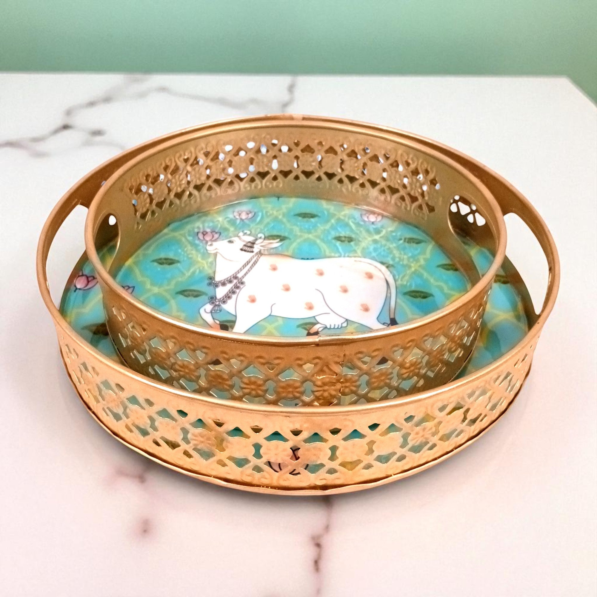 Round Serving Tray Set | Tray for Kitchen & Home Decor | Decorative Handicraft Tray | Beautiful Diwali Gift | Elegant Tray Set for Dining- 10 Inch (Set Of 2) - Apkamart