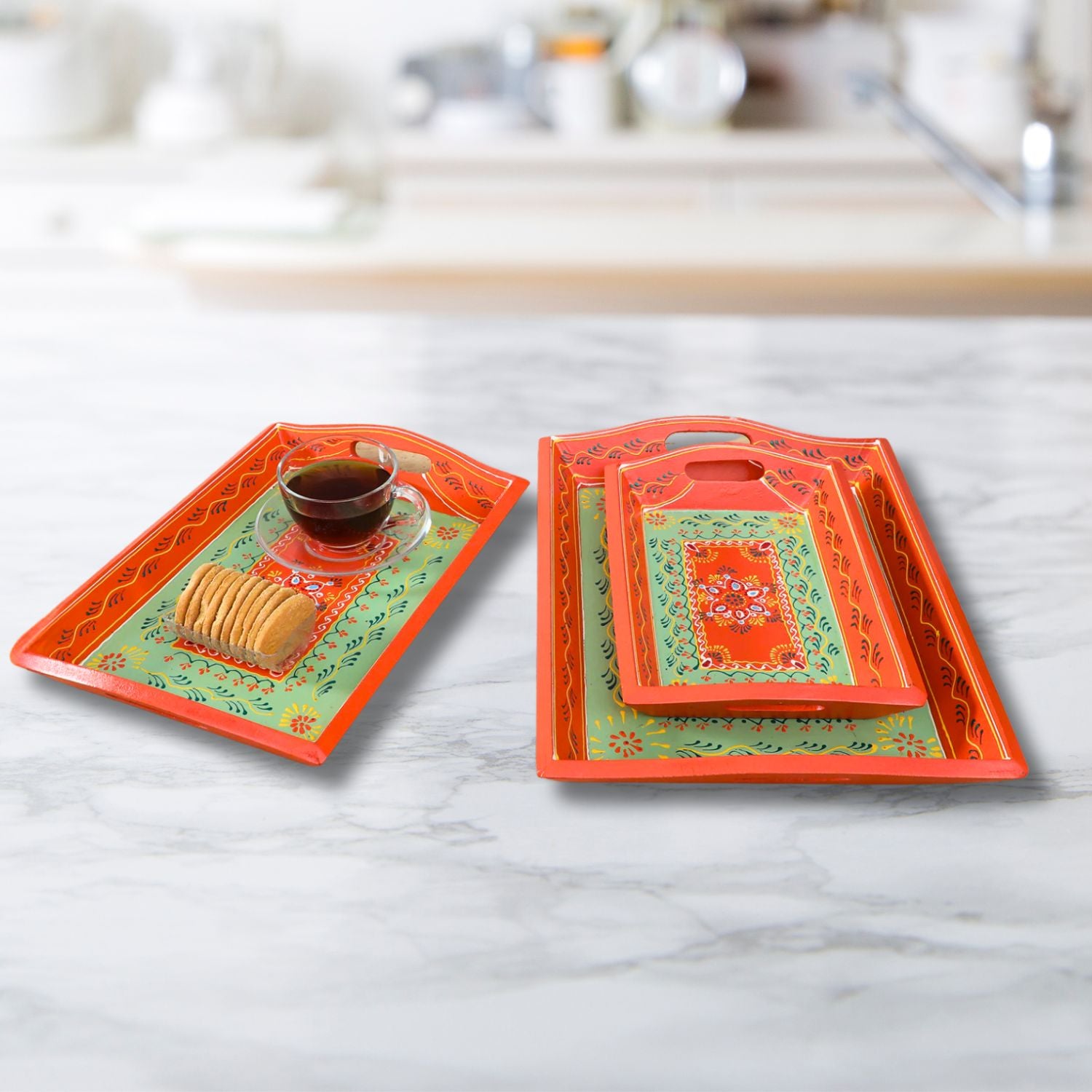 Wooden Serving Tray Set | Tea & Snacks Serving Platter - For Home, Dining Table, Kitchen Decor | Wedding & Housewarming Gift (Combo of 3) - Apkamart #Style_Design 1