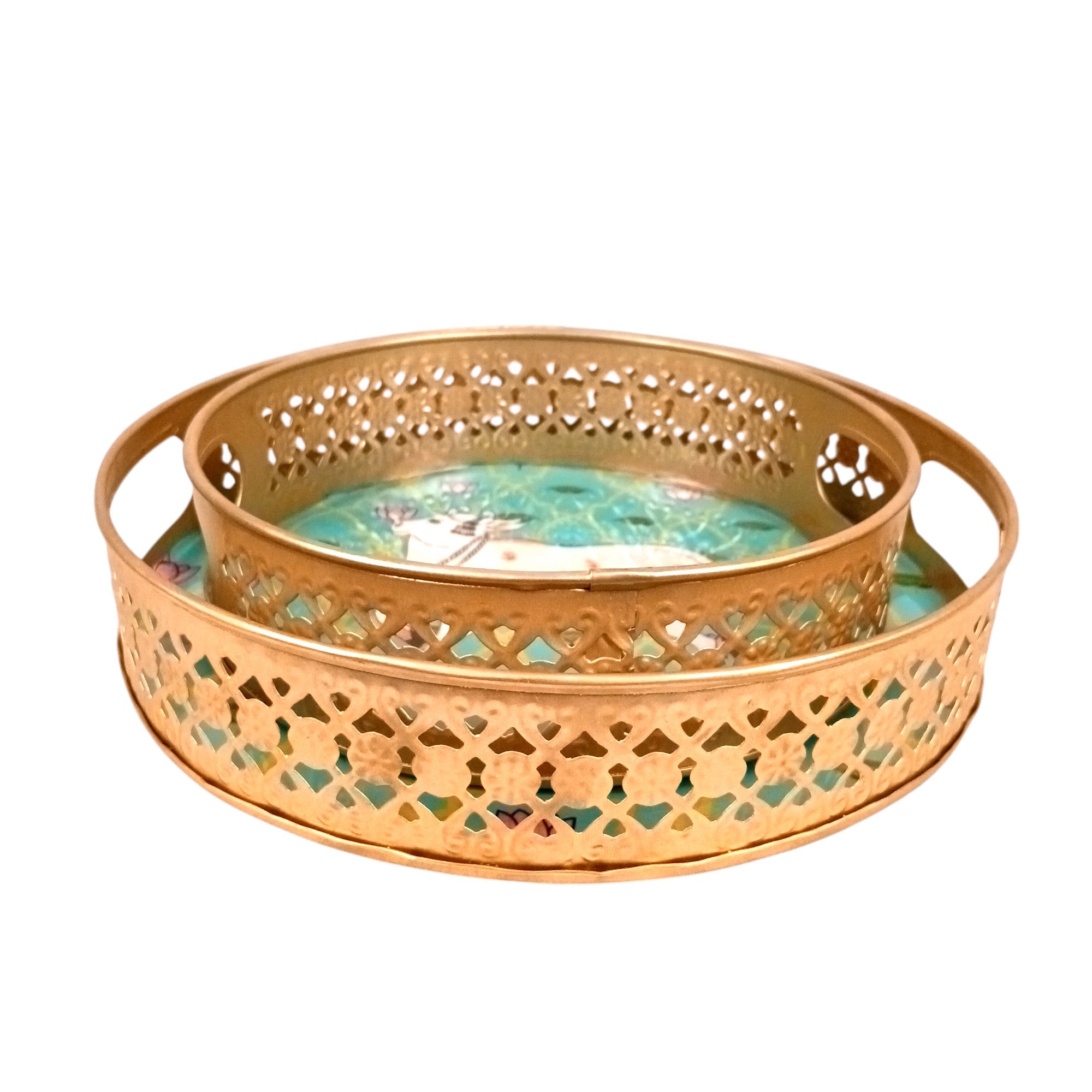 Round Serving Tray Set | Tray for Kitchen & Home Decor | Decorative Handicraft Tray | Beautiful Diwali Gift | Elegant Tray Set for Dining- 10 Inch (Set Of 2) - Apkamart