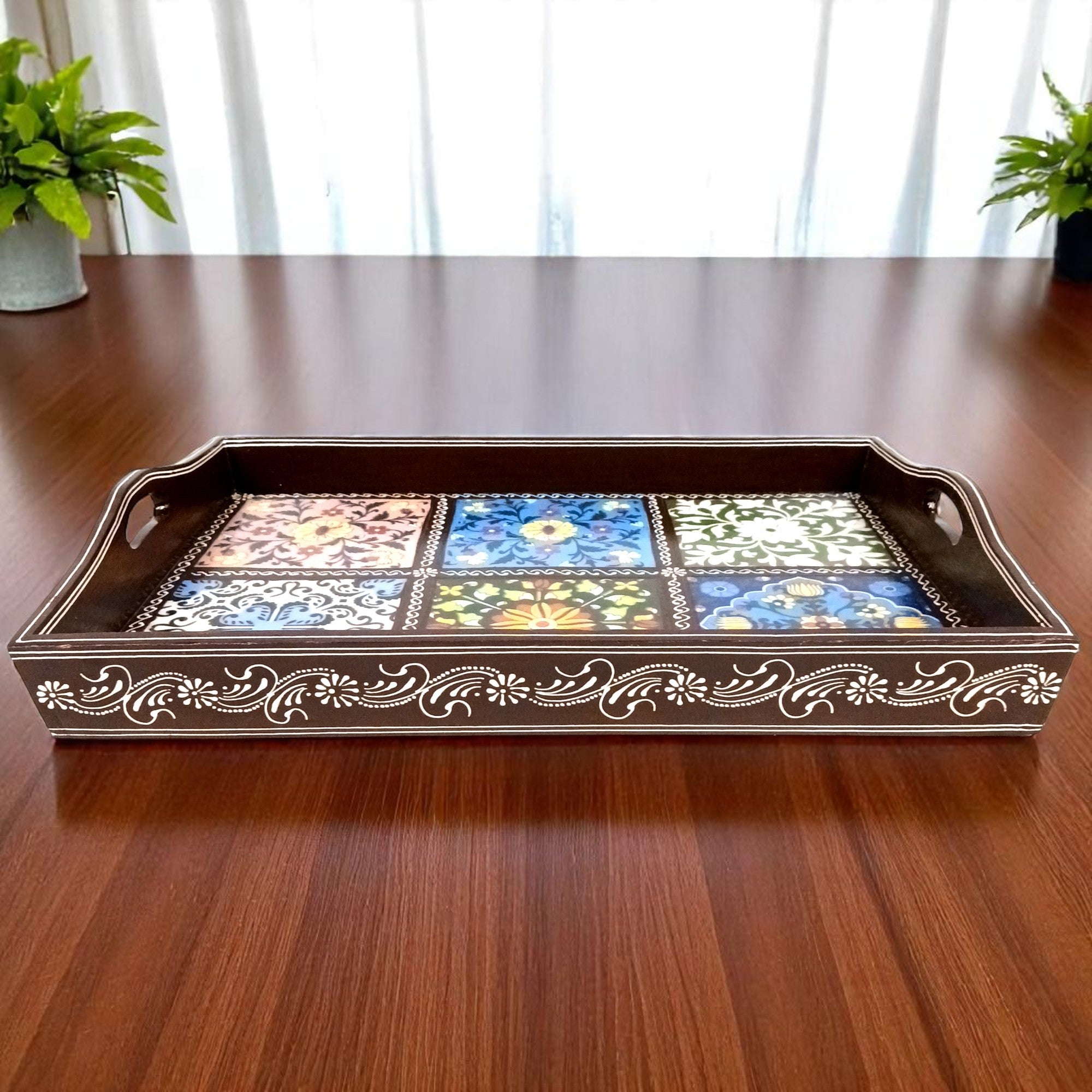 Serving Tray With Ceramic Tiles | Big Wooden Platter for Serving Whole Meal | Large Tray With Handles - for Home, Dining Table, Kitchen Decor, Restaurants, Hotels, Cafe & Gifts - 21 Inch - Apkamart #Style_Design 1
