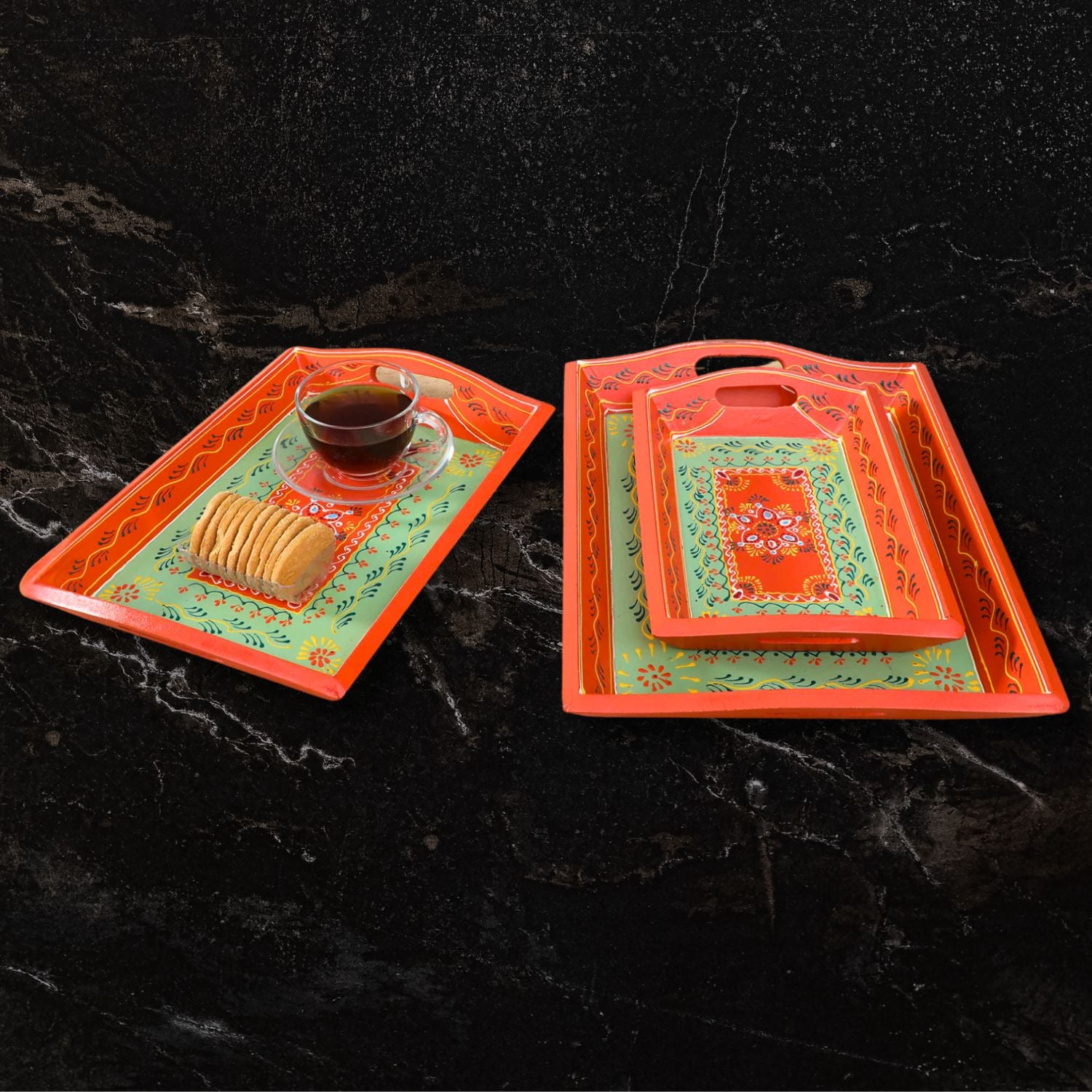 Wooden Serving Tray Set | Tea & Snacks Serving Platter - For Home, Dining Table, Kitchen Decor | Wedding & Housewarming Gift (Combo of 3) - Apkamart #Style_Design 1