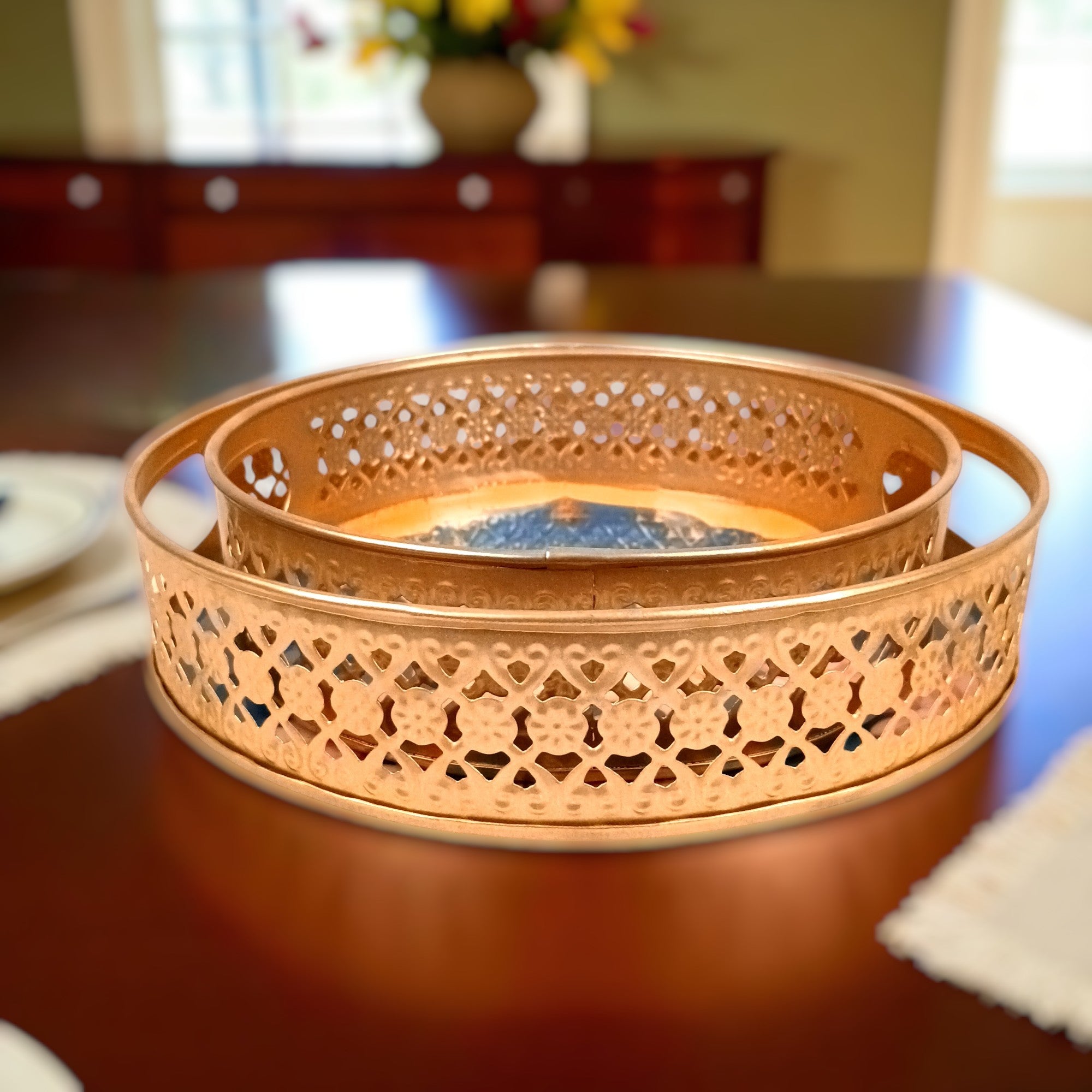 Round Serving Tray Set | Tray for Kitchen & Home Decor | Decorative Handicraft Tray | Beautiful Diwali Gift | Elegant Tray Set for Dining- 10 Inch (Set Of 2) - Apkamart