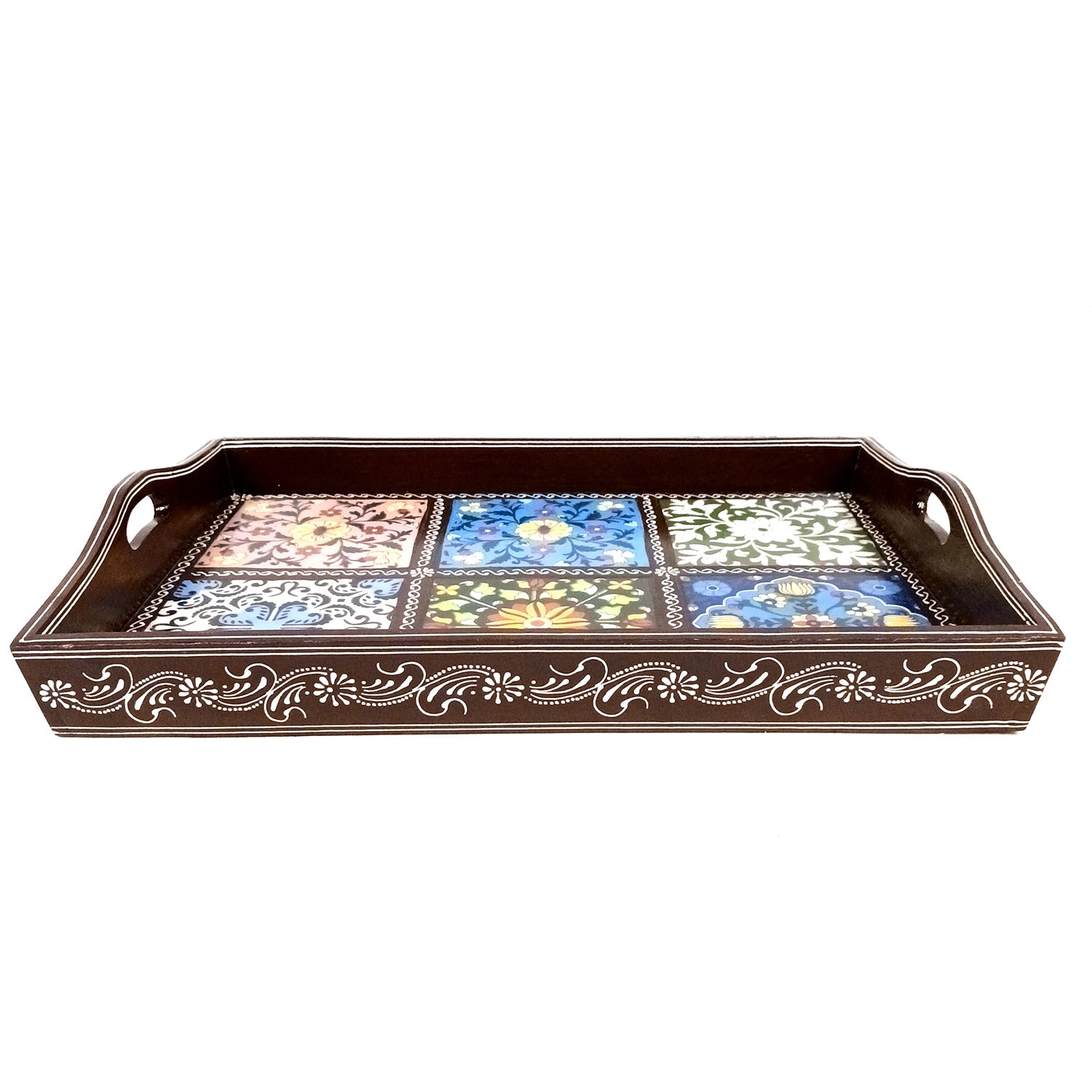 Serving Tray With Ceramic Tiles | Big Wooden Platter for Serving Whole Meal | Large Tray With Handles - for Home, Dining Table, Kitchen Decor, Restaurants, Hotels, Cafe & Gifts - 21 Inch - Apkamart #Style_Design 1