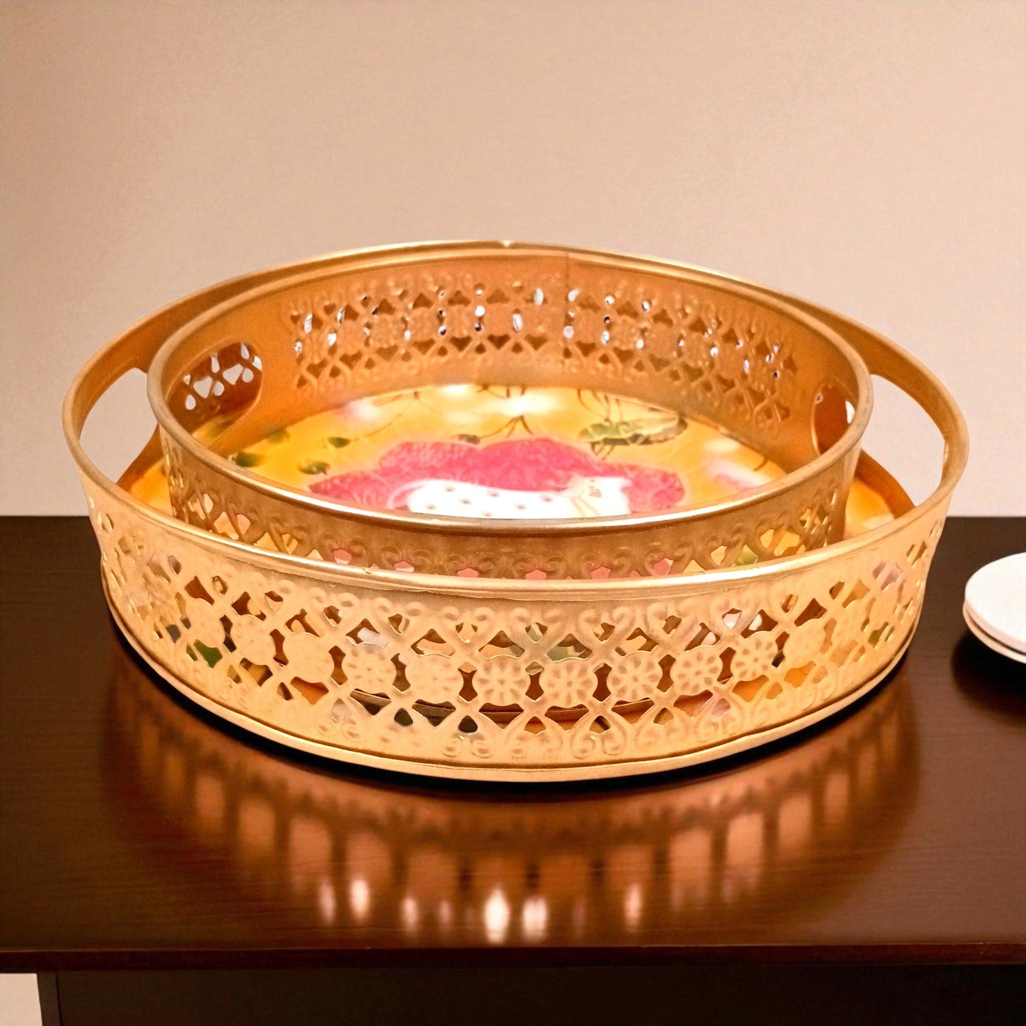 Round Serving Tray Set | Tray for Kitchen & Home Decor | Decorative Handicraft Tray | Beautiful Diwali Gift | Elegant Tray Set for Dining- 10 Inch (Set Of 2) - Apkamart