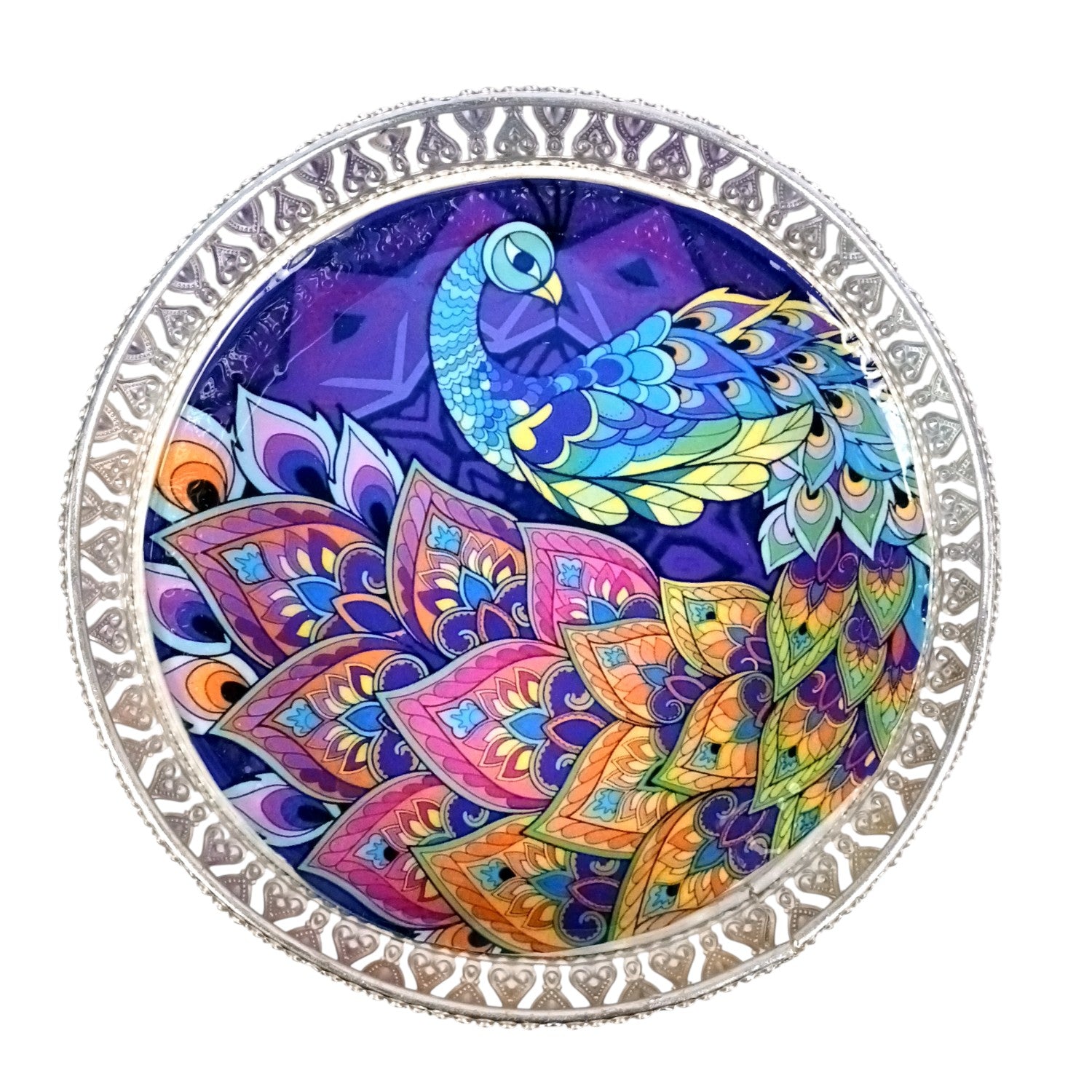 Round Serving Tray | Tray for Kitchen & Home Decor | Peacock Design| Handcrafted Decorative Tray | Beautiful Tray for Dining & Center Table - 8 Inch - Apkamart