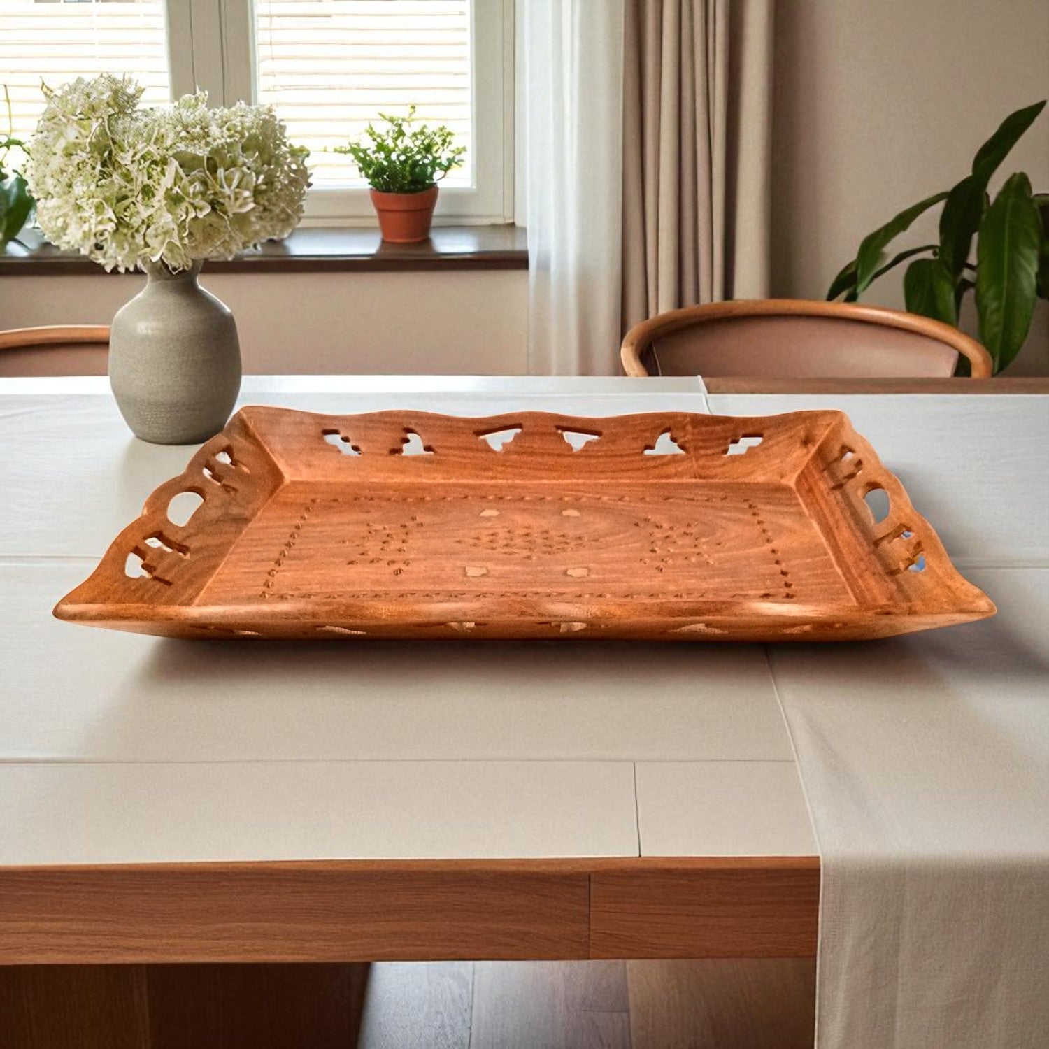 Decorative Tray | Serving Tray & Platters | Wooden Trays With Handle - For Home, Dining Table Organization, Kitchen & Gifts - 15 Inch - Apkamart